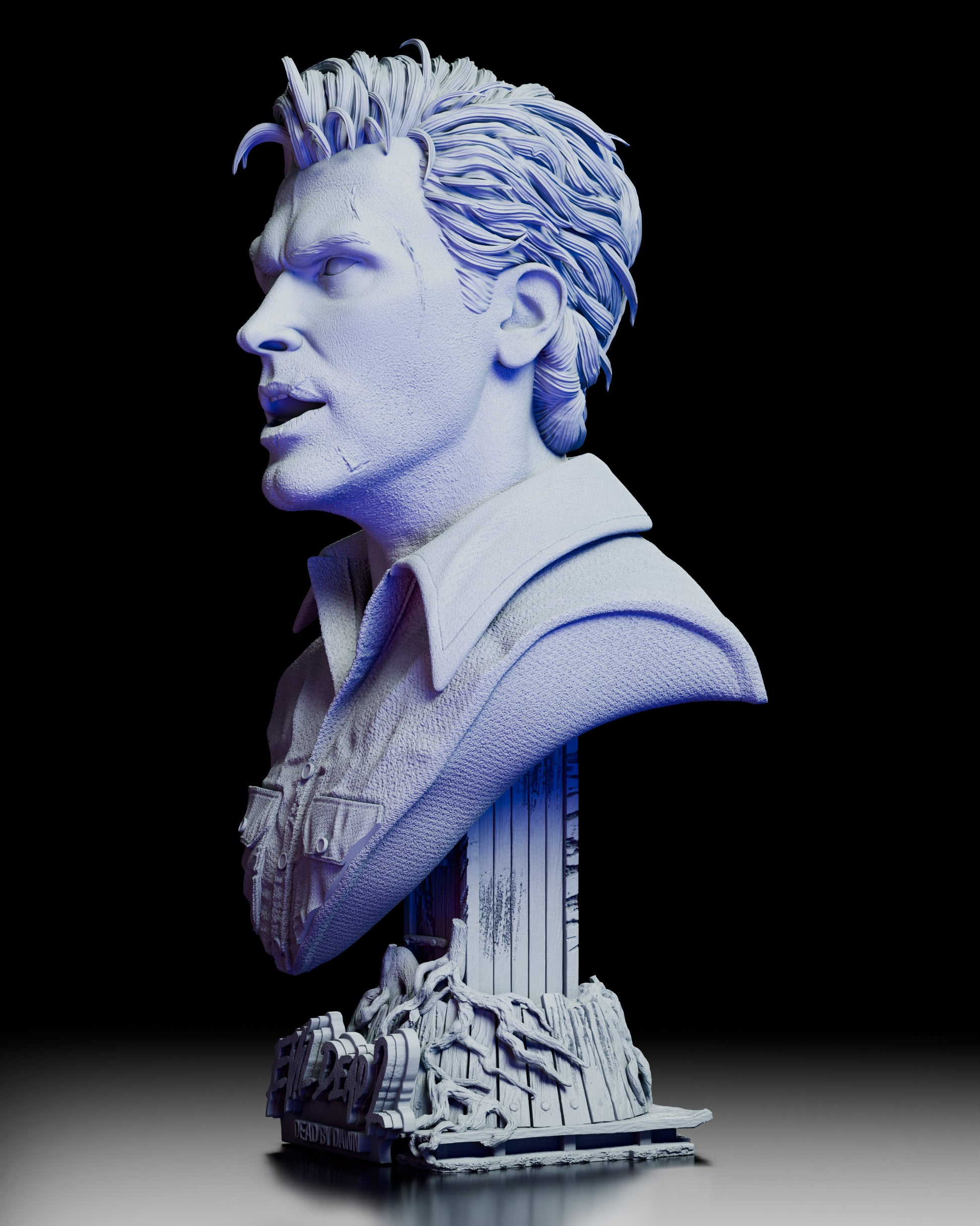 Left profile of the Ash Evil Dead 2 resin bust revealing lifelike texture, sculpted hair, and detailed shirt folds