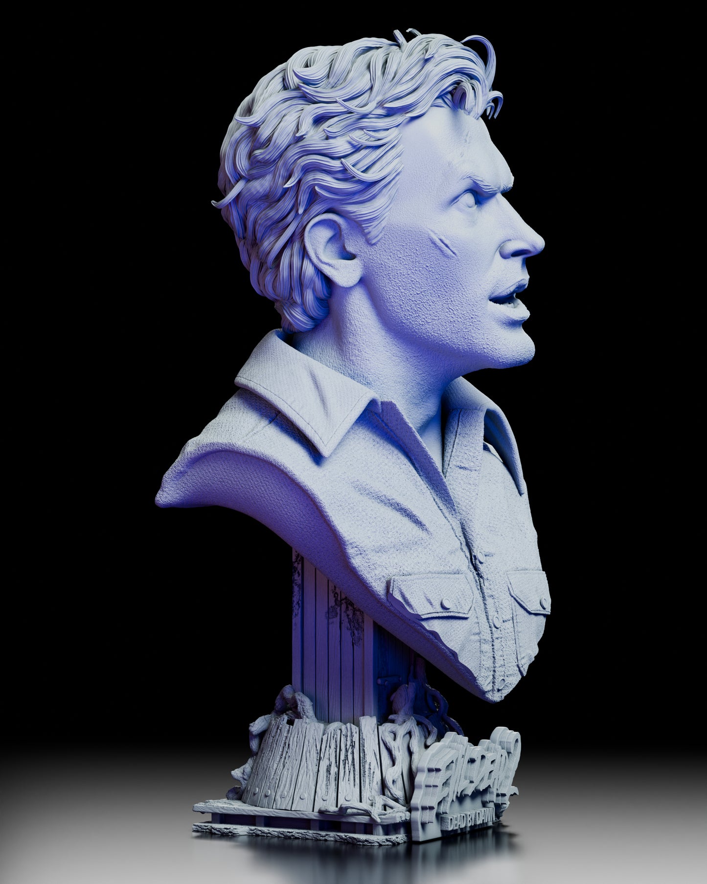 Right profile of the Ash Evil Dead 2 bust by Wicked highlighting facial scars, textured fabric, and wood-textured base