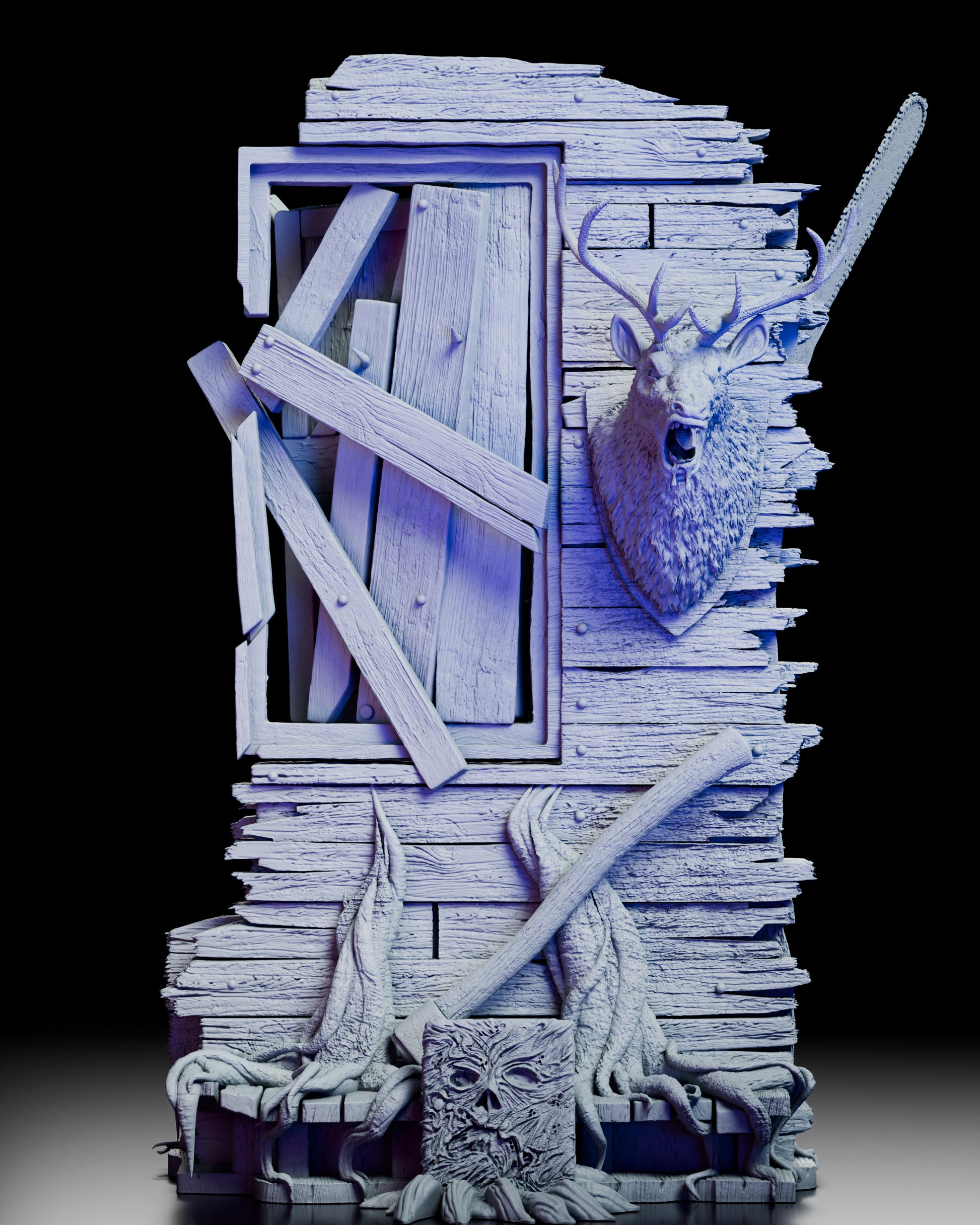 Rear view of the Ash Evil Dead 2 diorama showing the cabin wall with boarded window, mounted deer head, and embedded chainsaw detail
