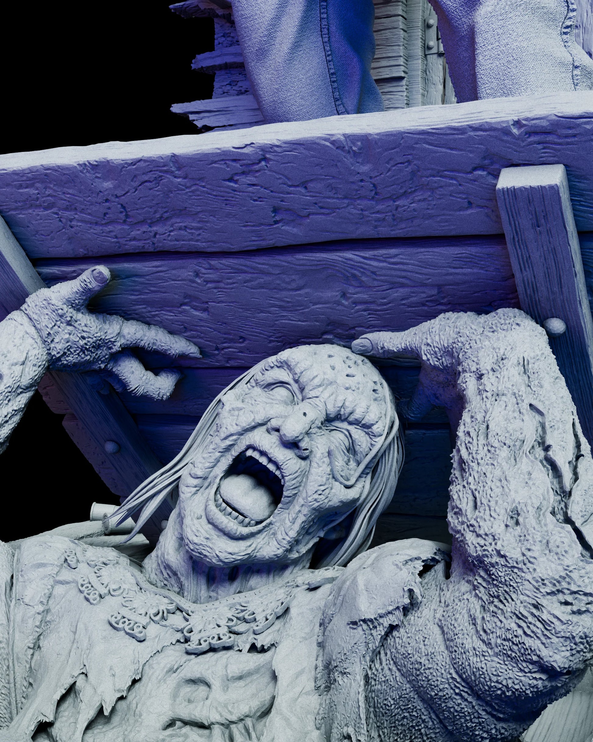 Close-up of the Deadite figure from the Evil Dead 2 diorama emerging from the cellar base with detailed expression and texture