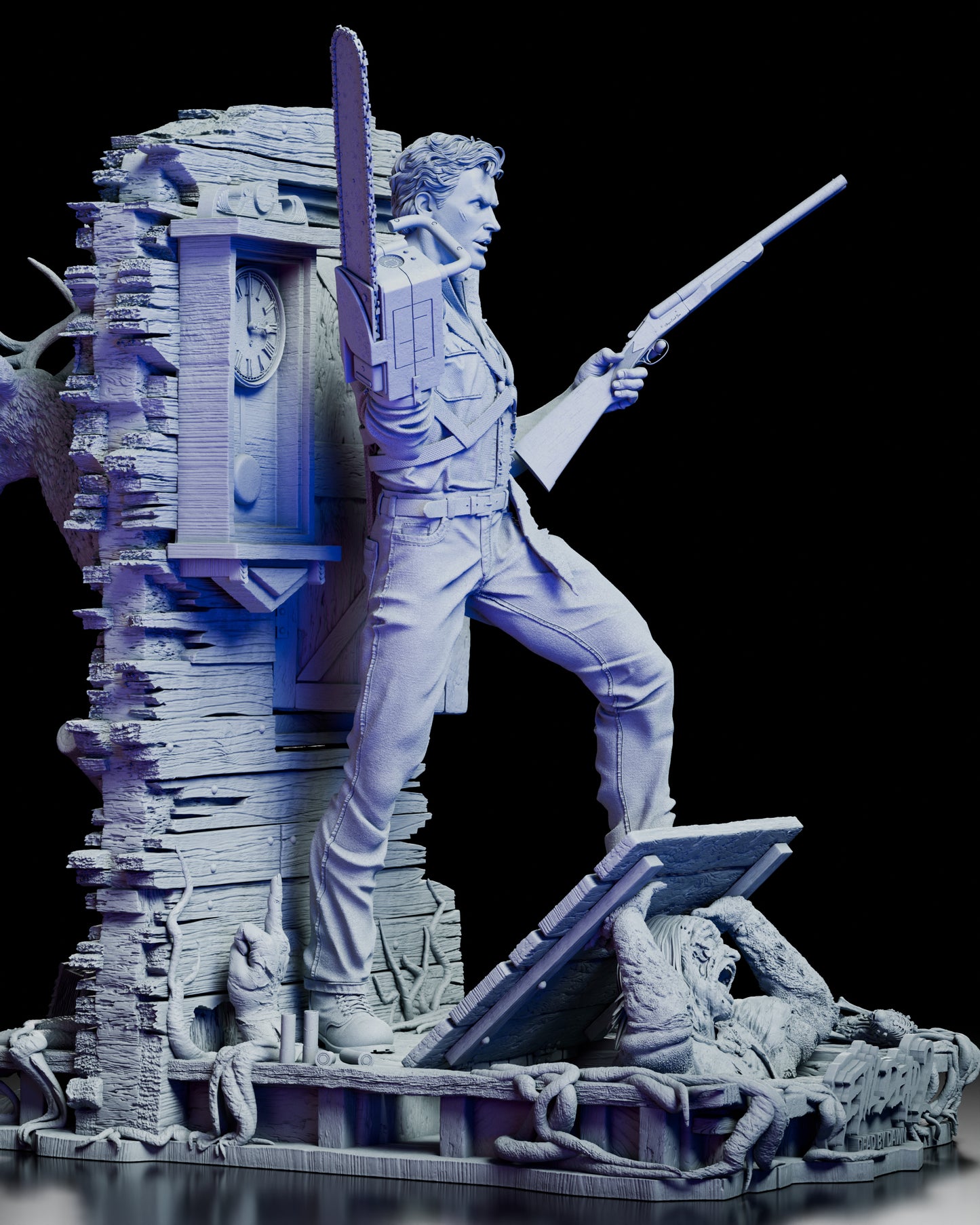 Right side view of the Ash Evil Dead 2 resin diorama highlighting the intricate wooden backdrop and Necronomicon base details