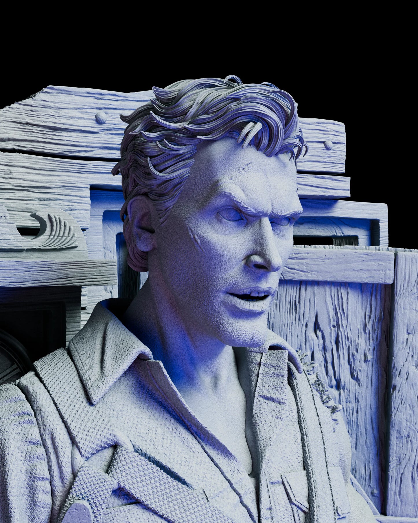 Close-up of the Ash Evil Dead 2 diorama portrait showing intense facial expression and lifelike texture in the sculpt