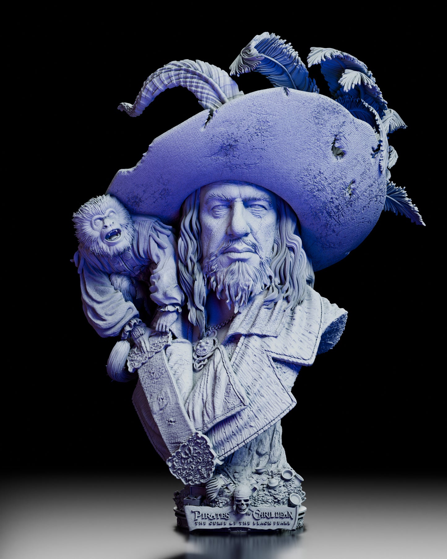 Front view of Captain Hector Barbosa Bust Kit by Wicked showing detailed textures, ornate base, and Little Jack perched on his shoulder