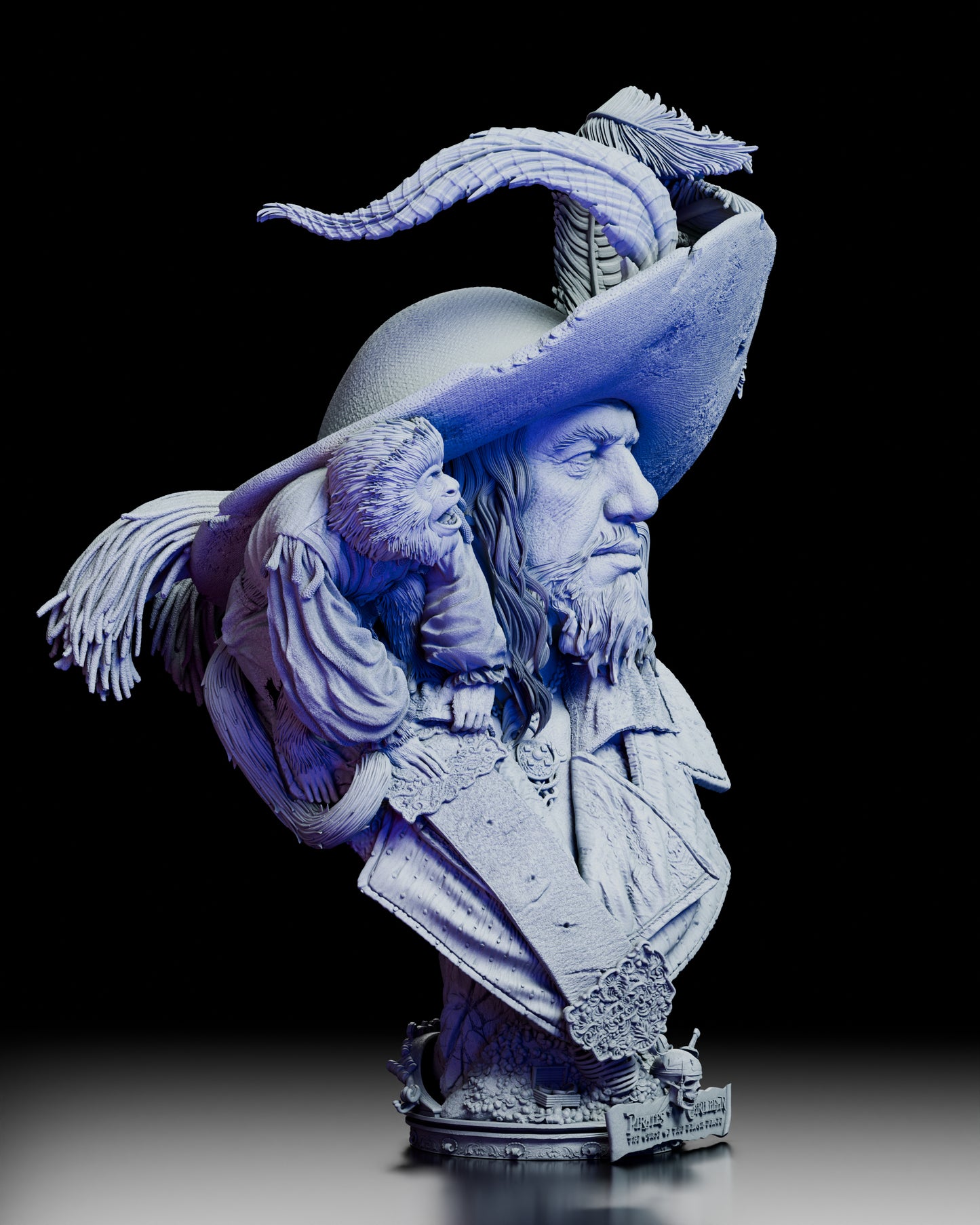 Right side view of Captain Hector Barbosa Bust Kit featuring detailed folds in the coat and the expressive face of Little Jack