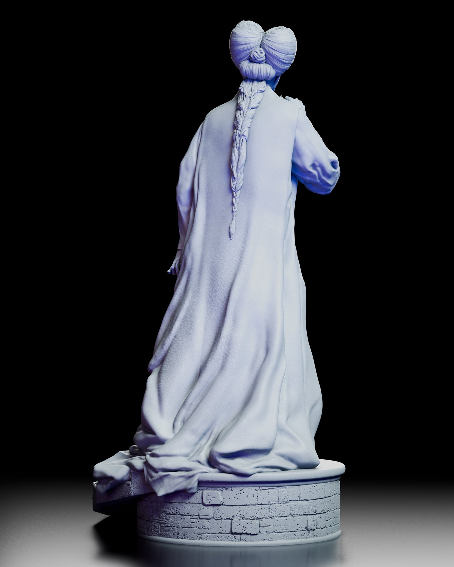 Back view of Dracula maquette showing detailed braid and flowing robe on brick platform