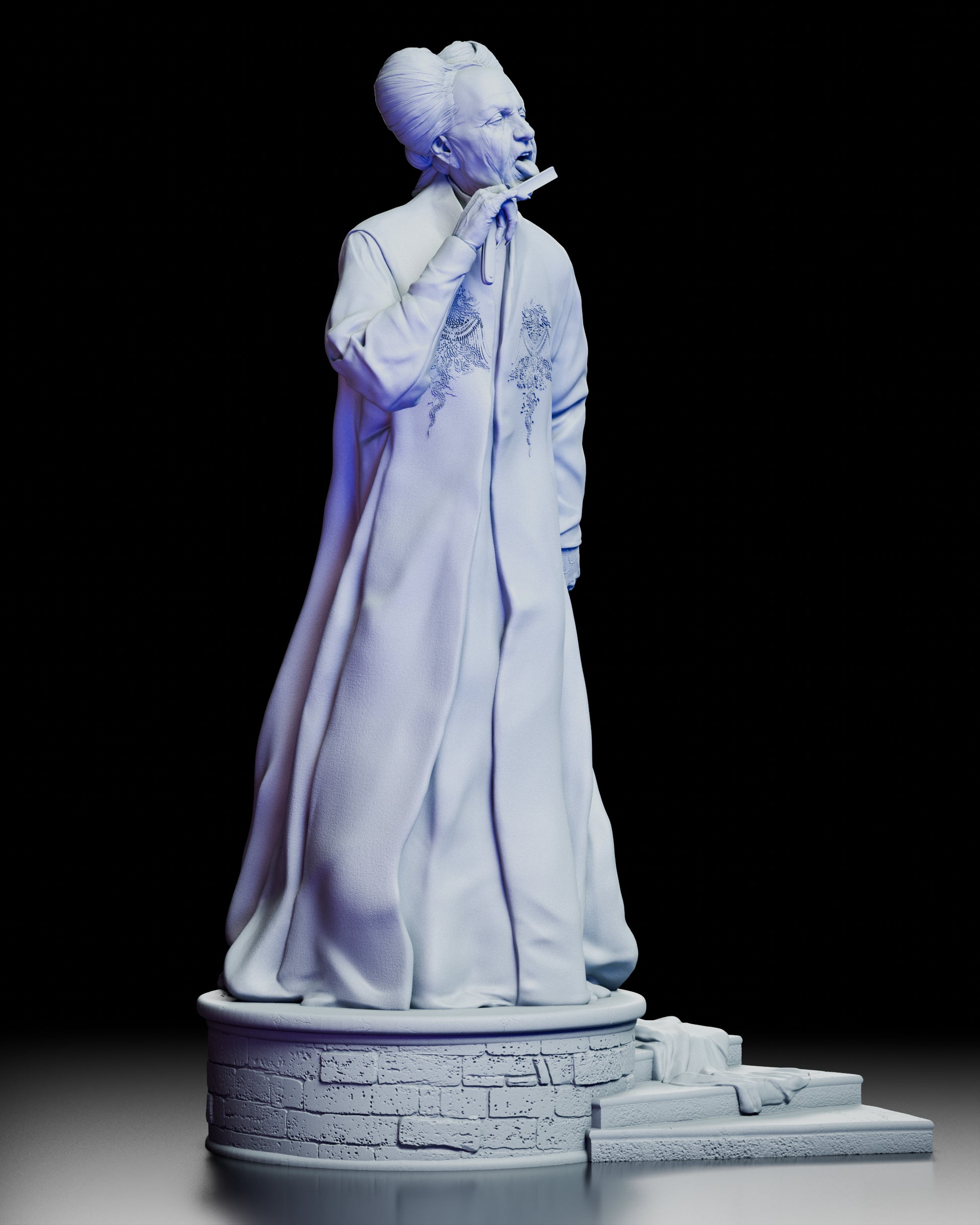 Right side of Dracula maquette with flowing fabric trailing down the sculpted stone steps