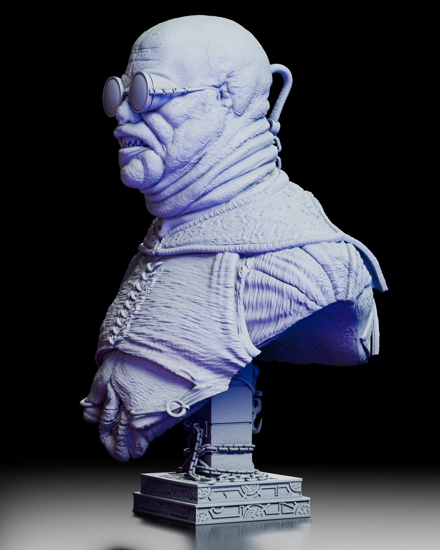 Left side view of the Butterball Cenobite portrait bust highlighting the sculpted folds, leather stitching, and chained pedestal.
