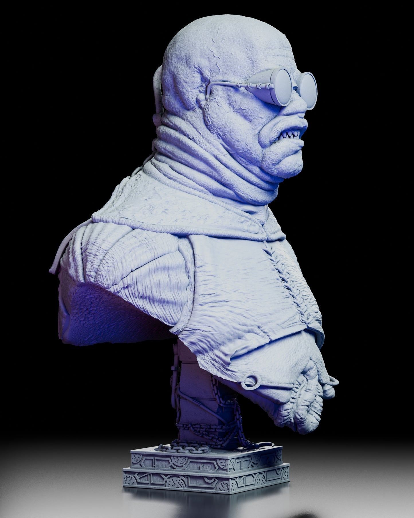Right side view of the Butterball Cenobite portrait bust showing the facial details, garment textures, and the supporting chained base.
