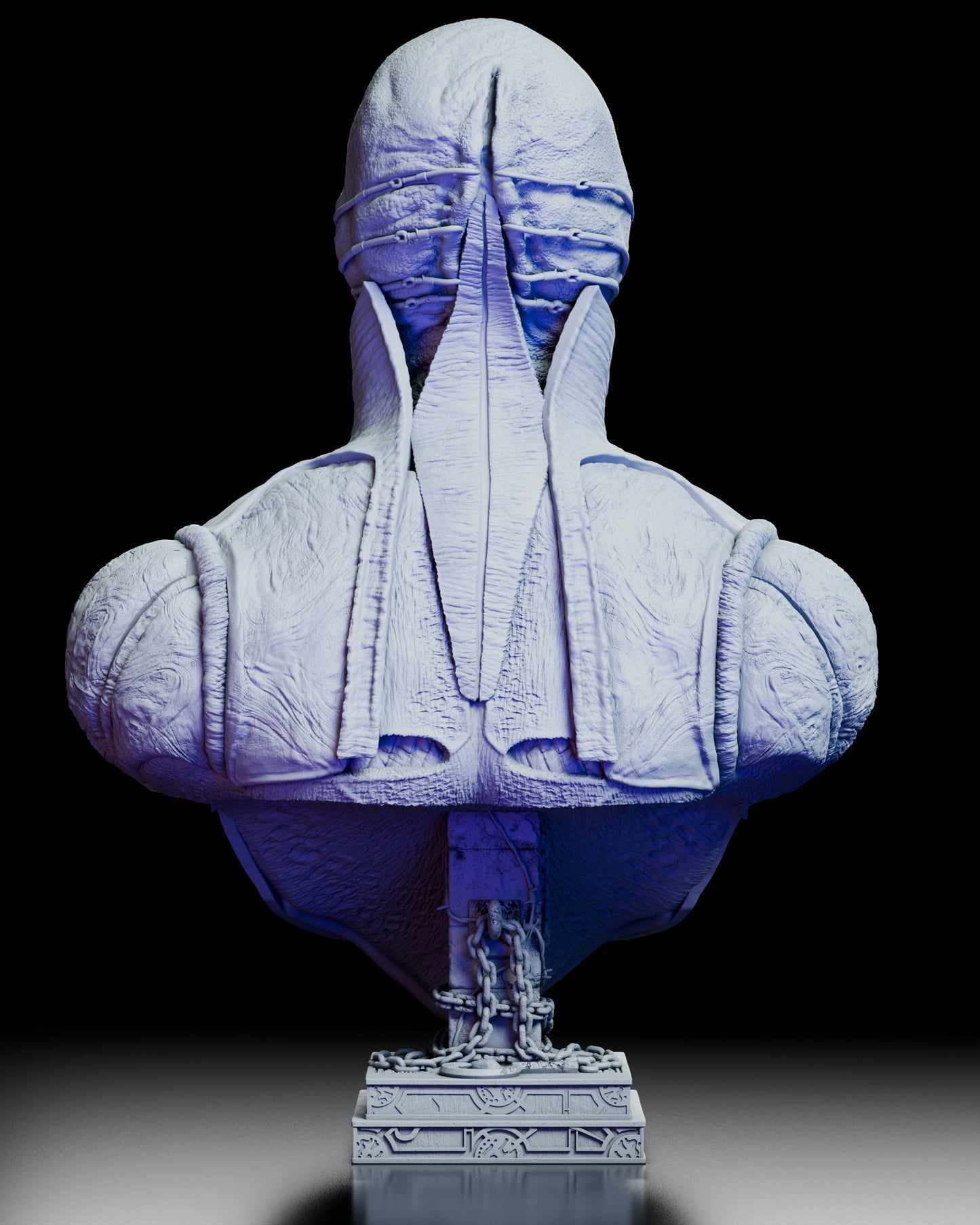 Rear view of the Chatterer portrait bust showing stitched skin folds, flayed textures, and the chained pedestal base