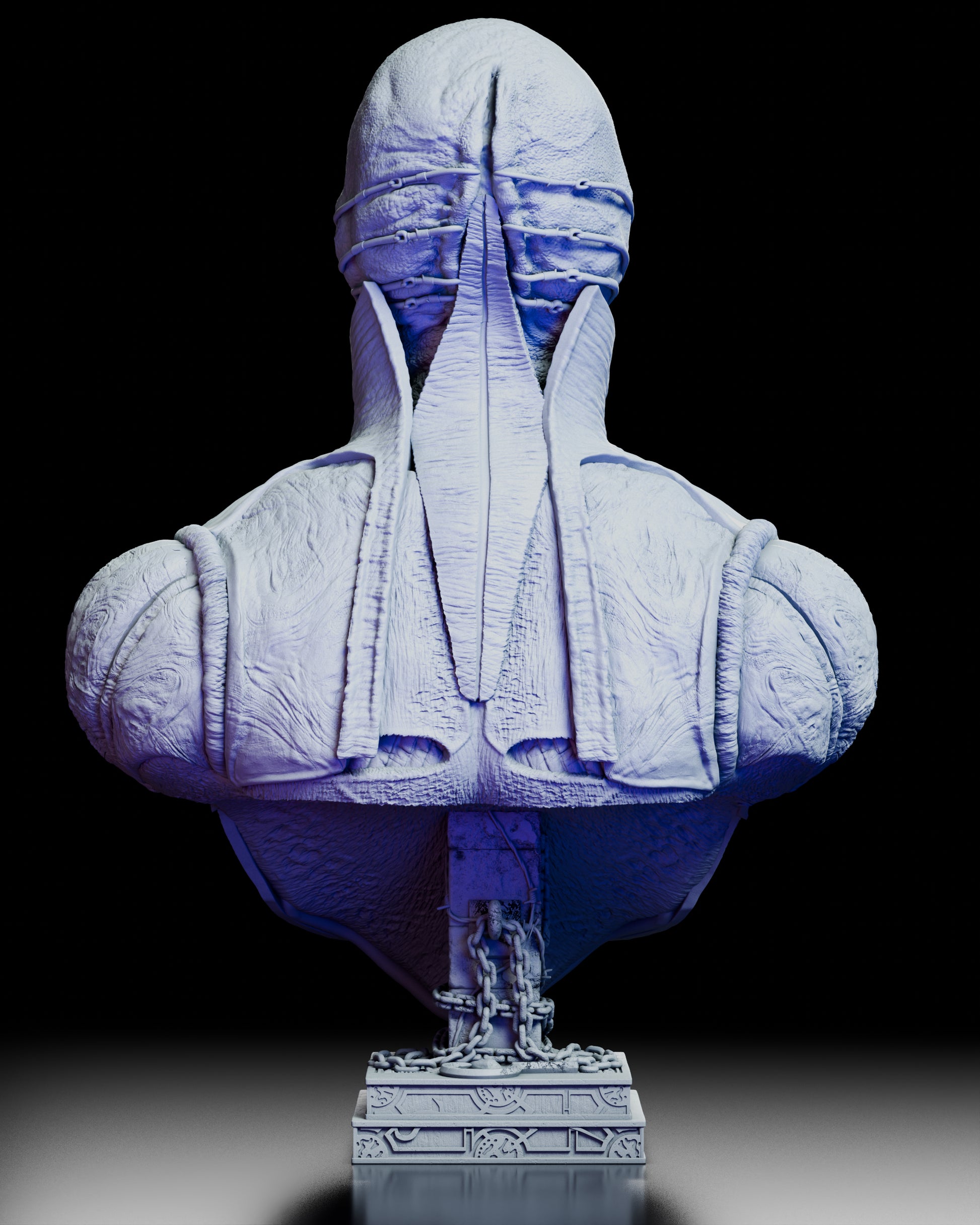 Rear view of the Chatterer portrait bust showing stitched skin folds, flayed textures, and the chained pedestal base