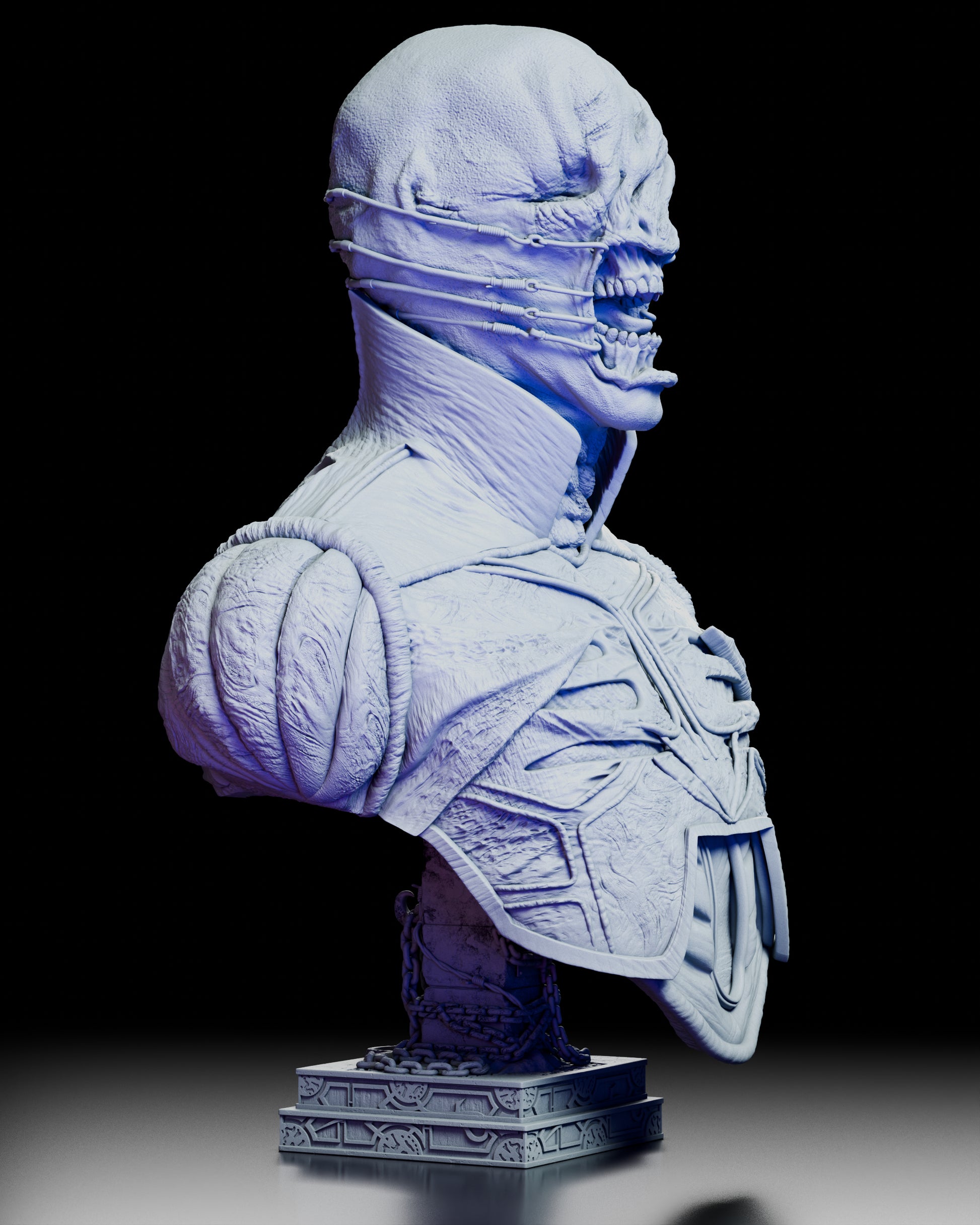 Right three quarter view of the Chatterer portrait bust showing the torn facial structure, pulled musculature, and carved garment details