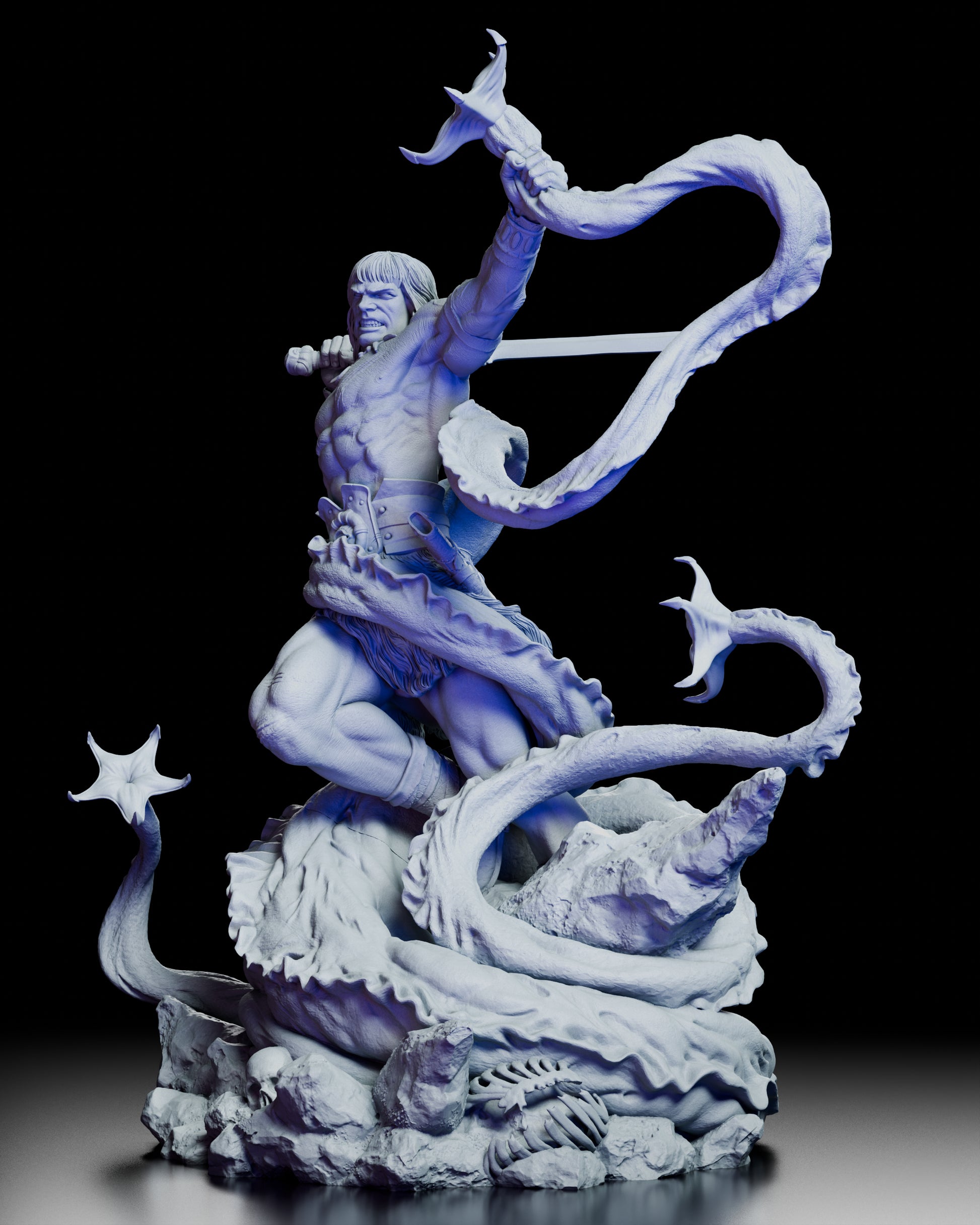 Left profile of Conan Figure Model Kit highlighting muscle detail and monster’s curling tentacles