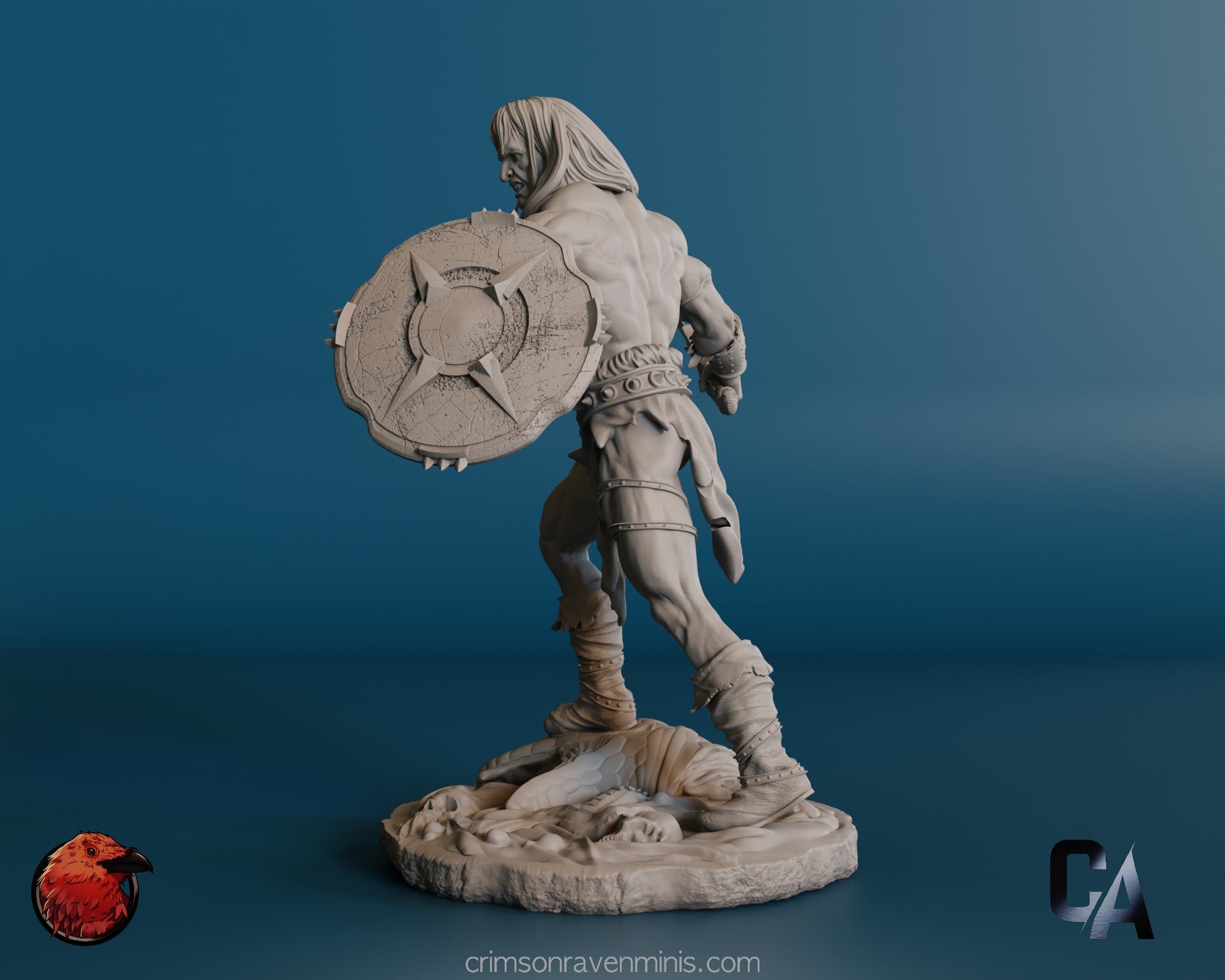 The back view of the Conan the Barbarian resin model, highlighting the intricate details of his muscular back, the texture of his shield, and the dynamic flow of his hair and loincloth. He is posed on a rocky base.