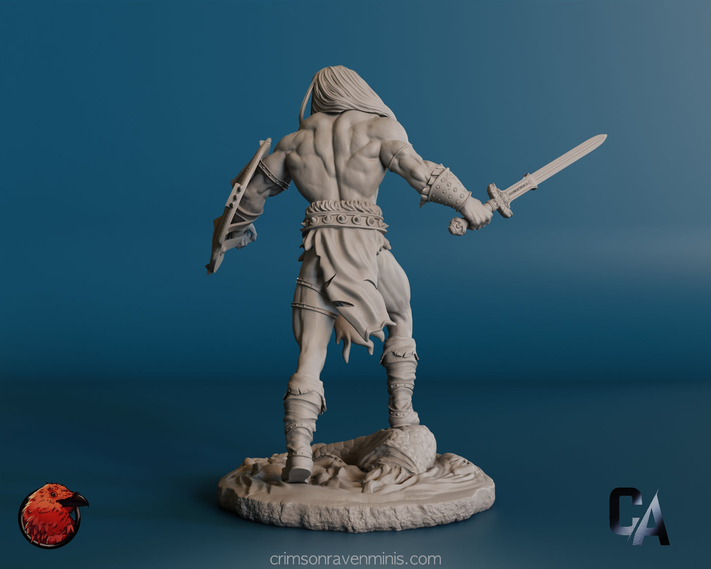 The rear view of the Conan the Barbarian model, showcasing the full length of his muscular frame and the details on his sword and shield. The model stands on a detailed, rocky base.