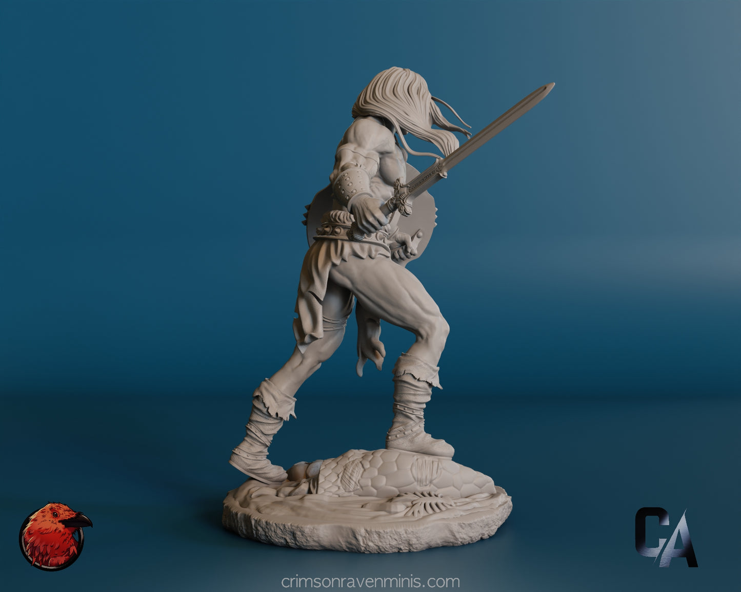 The side view of the Conan the Barbarian model, capturing the dynamic pose with his sword raised and shield ready. The model stands on a rocky base, highlighting the texture of his clothing and armor.
