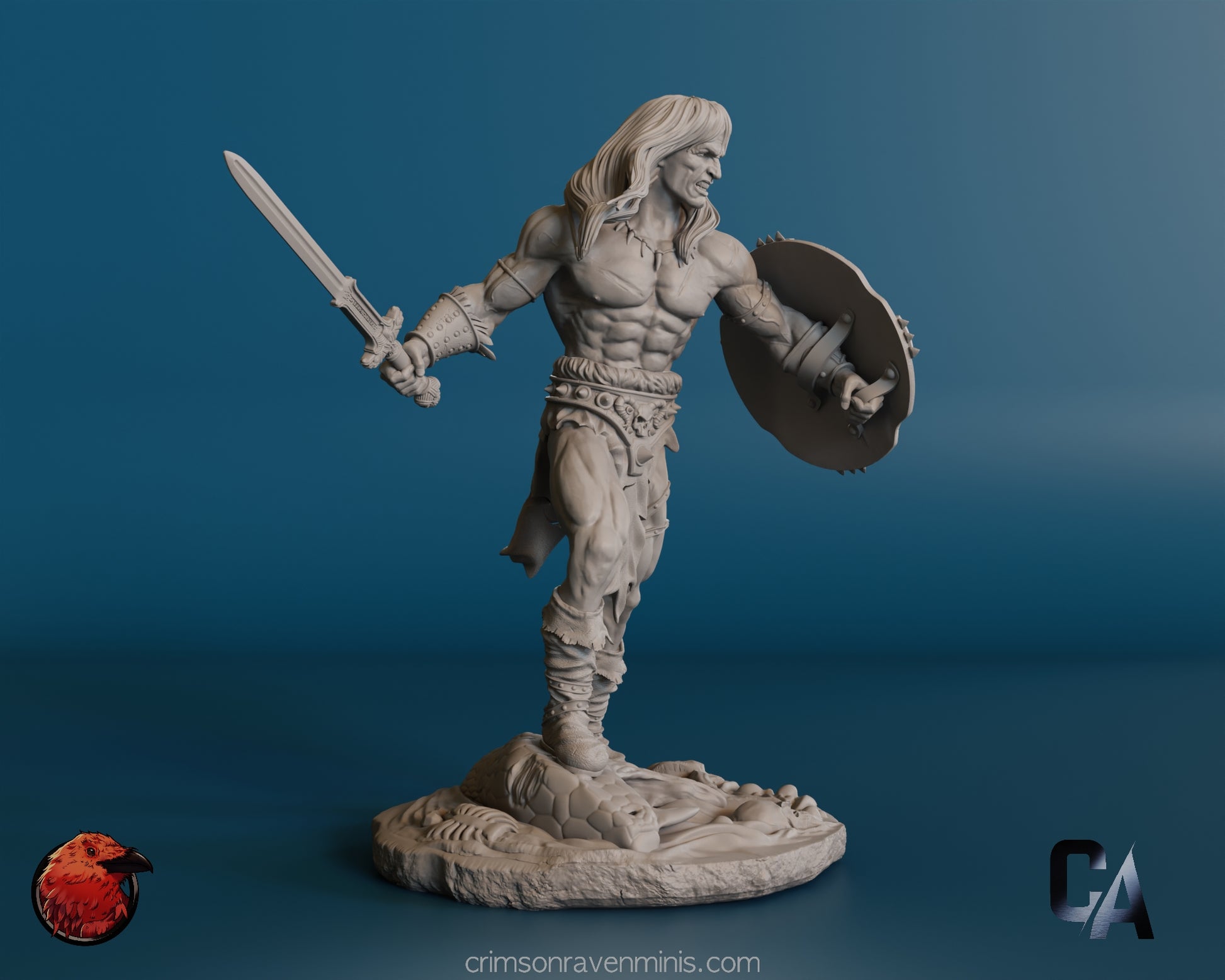 The front view of the Conan the Barbarian model, displaying his muscular build, fierce expression, and detailed armor. He holds a sword in his right hand and a shield in his left, standing on a rocky base.