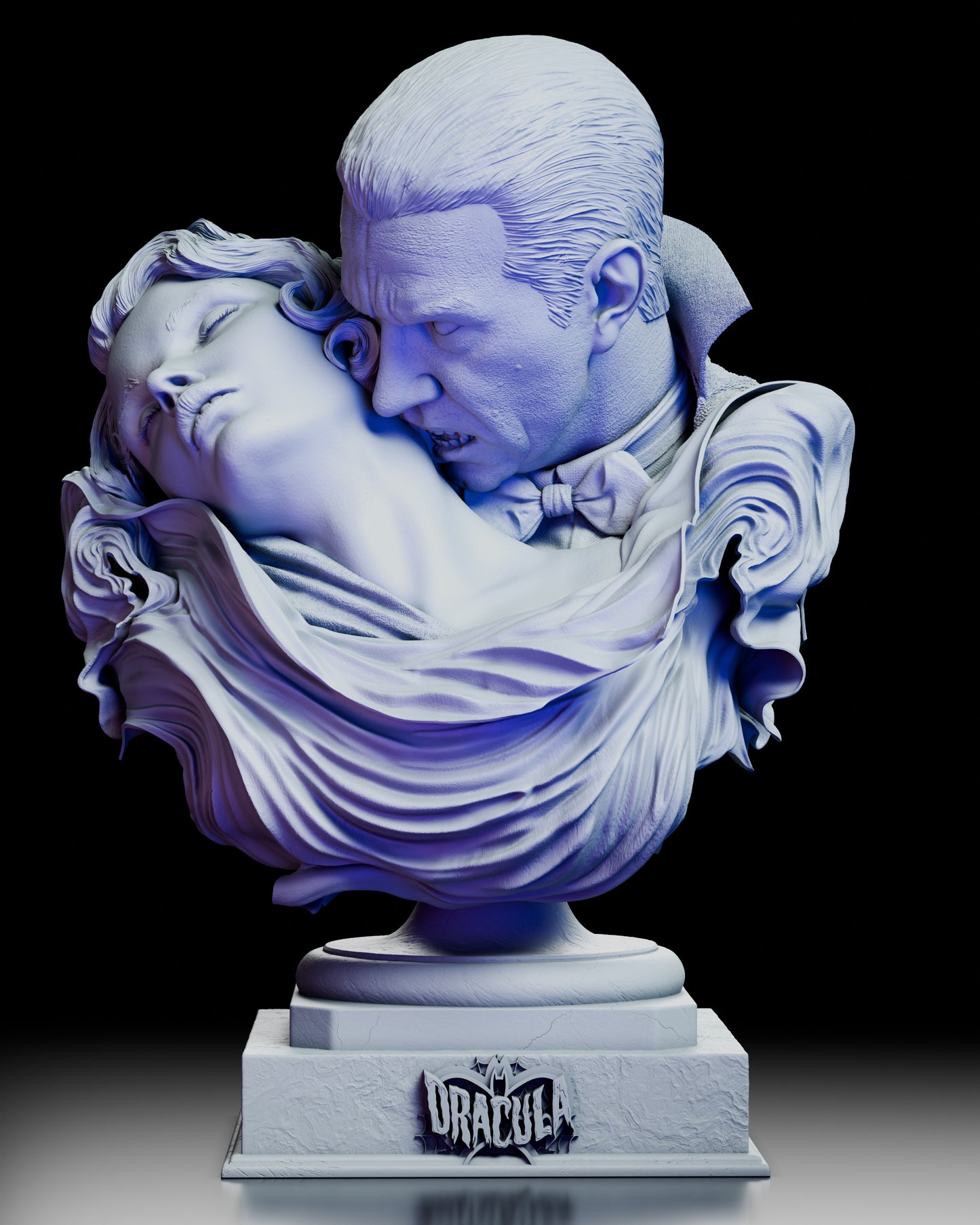 Front view of Dracula embracing Mina in a romantic gothic resin bust with detailed facial expressions 