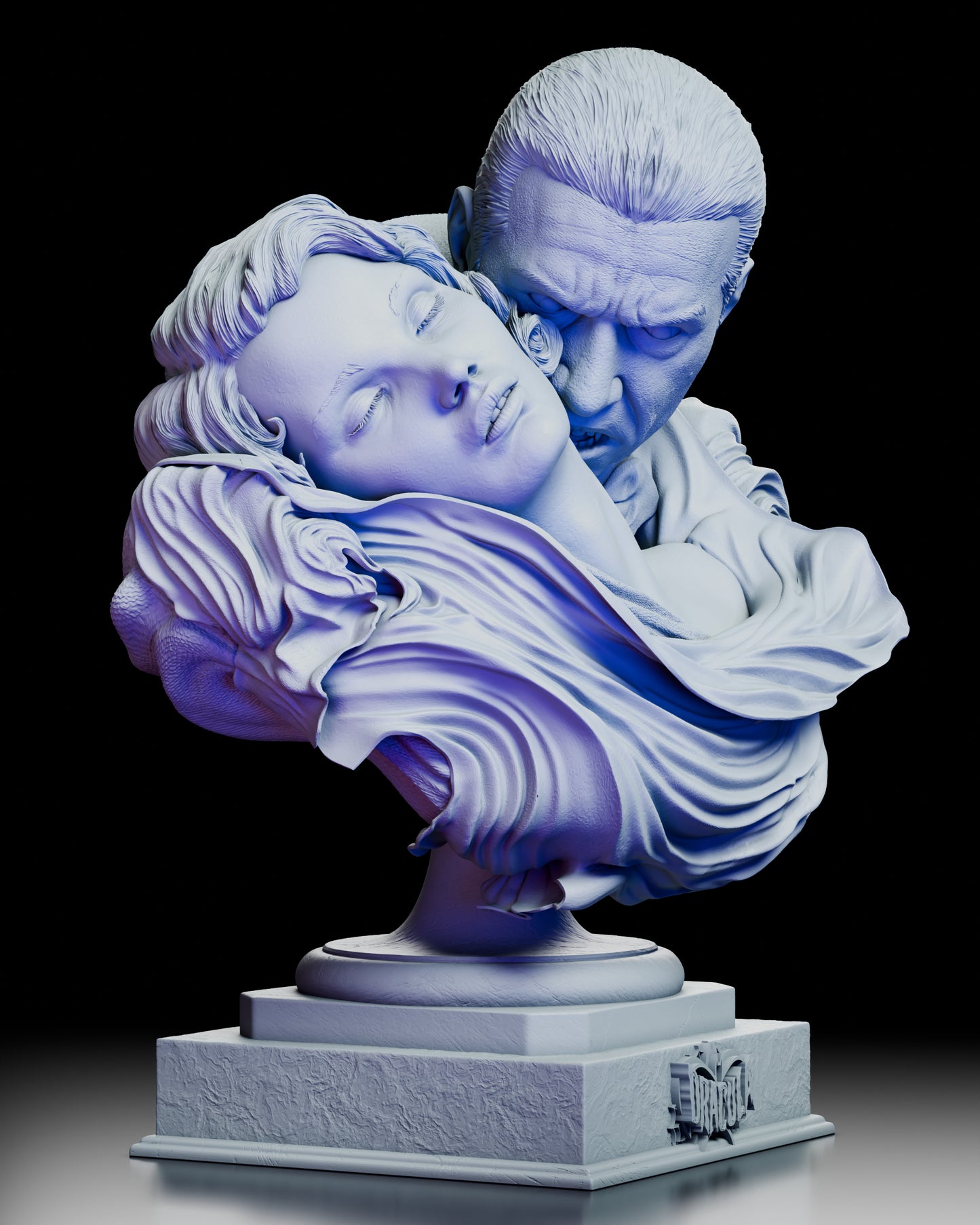 Right side view of Dracula and Mina gothic bust featuring elegant sculpted hair and cloak detail 