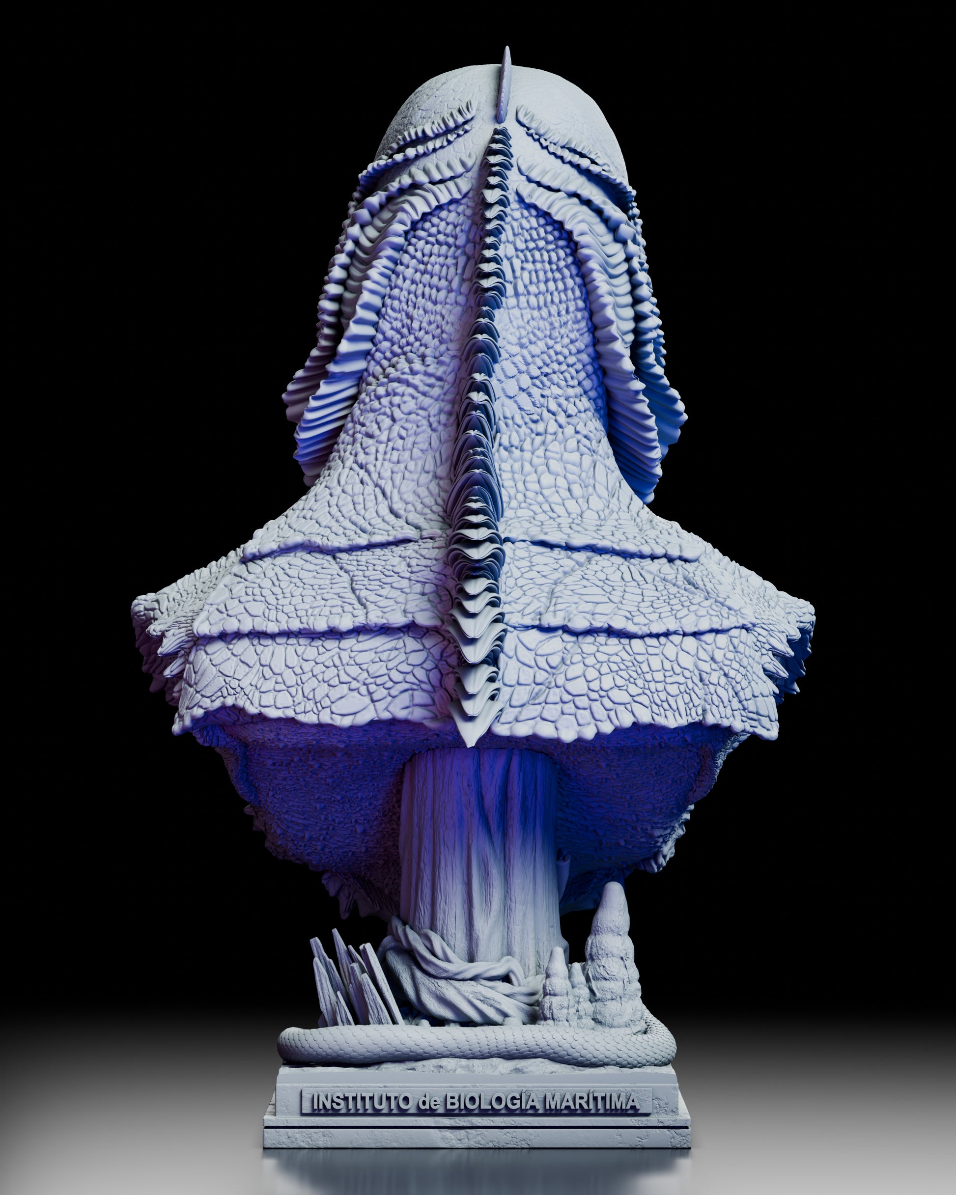 Rear view of the Creature from the Black Lagoon Portrait Bust, showcasing the spiny fin details and aquatic textures along the back.