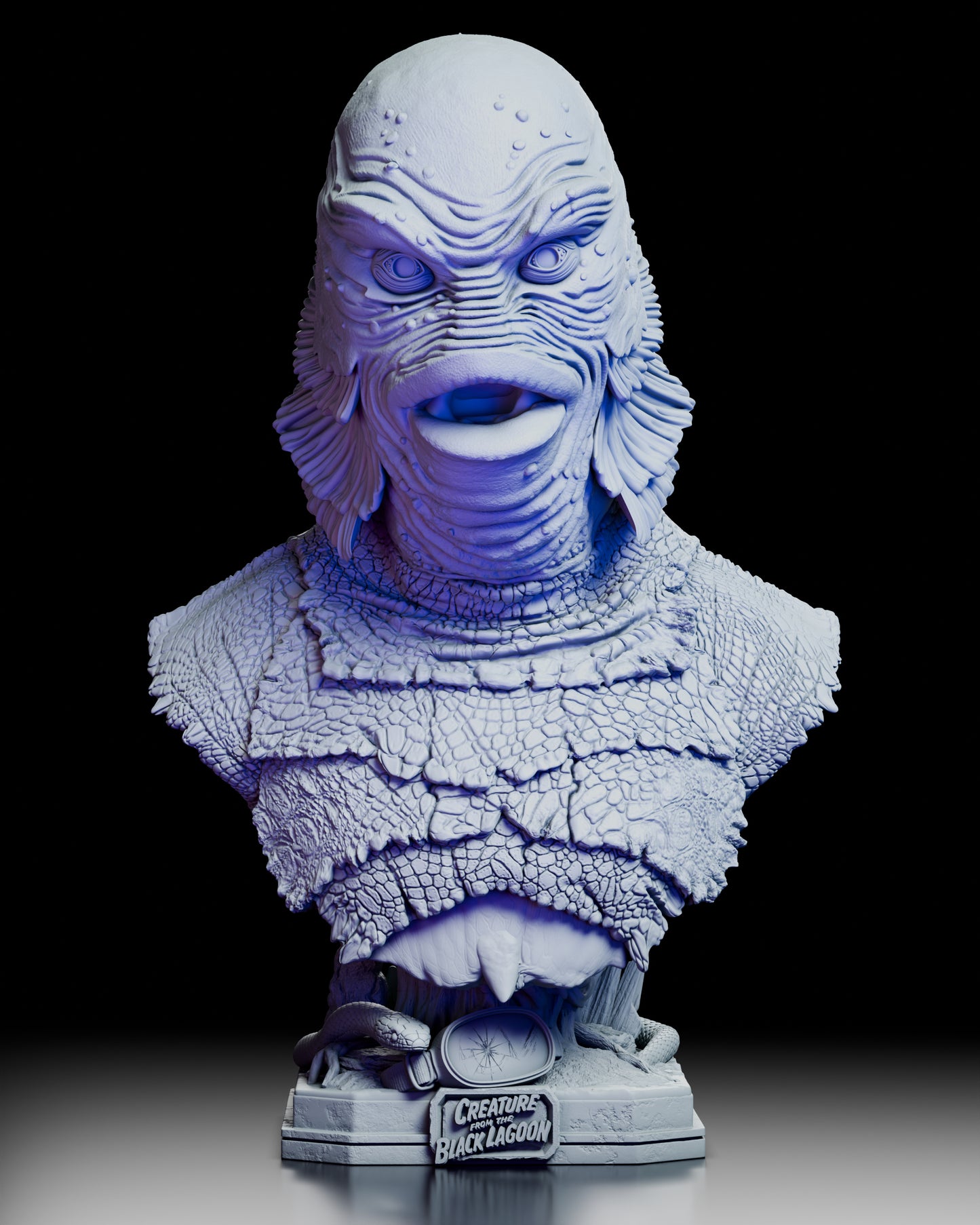Front view of the Creature from the Black Lagoon Portrait Bust by Wicked, highlighting the creature’s iconic scaly texture and bulging eyes.