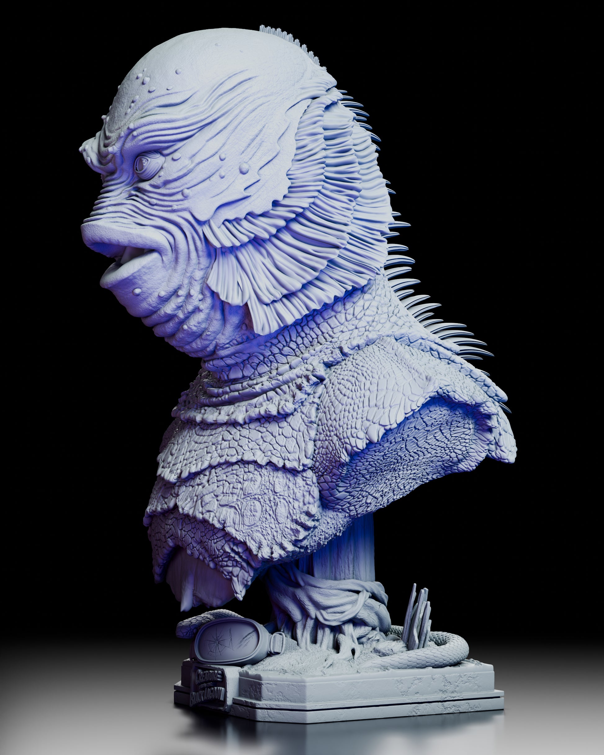 Left front angle of the Creature from the Black Lagoon Portrait Bust, highlighting the creature’s facial details, scaly texture, and fin structures.