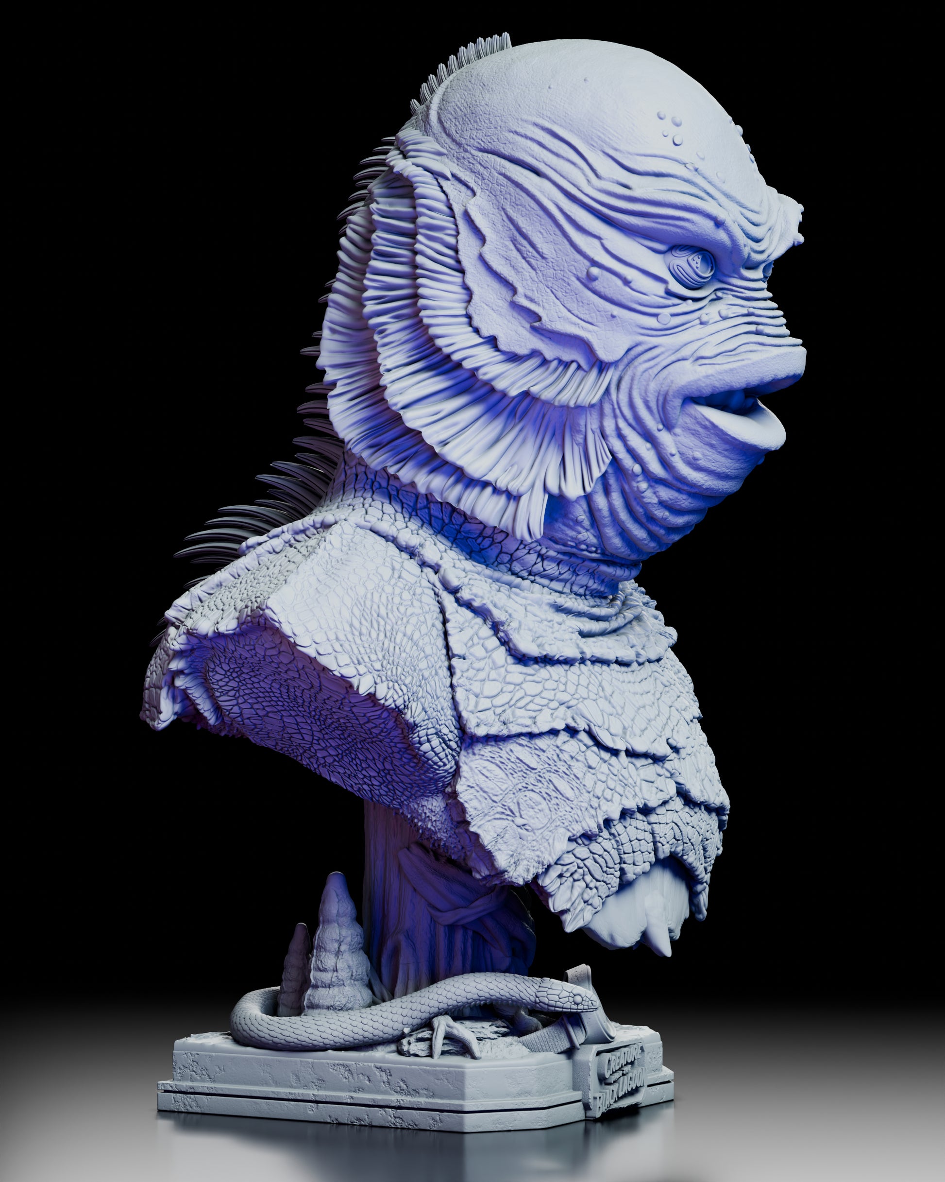 Right front angle of the Creature from the Black Lagoon Portrait Bust, showing the detailed gill structure and fin ridges along the head.