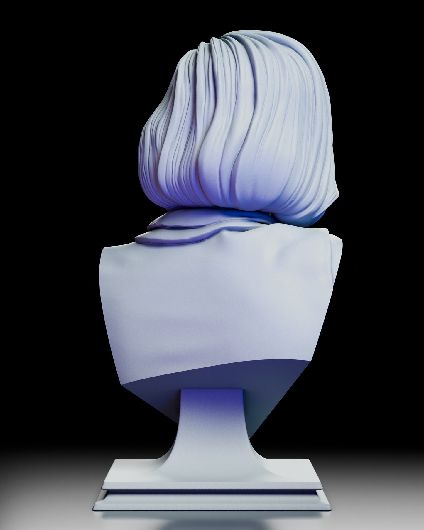 Rear view displaying the sculpted layers of the bob haircut, collar seam, and stepped pedestal of the Dana Scully bust