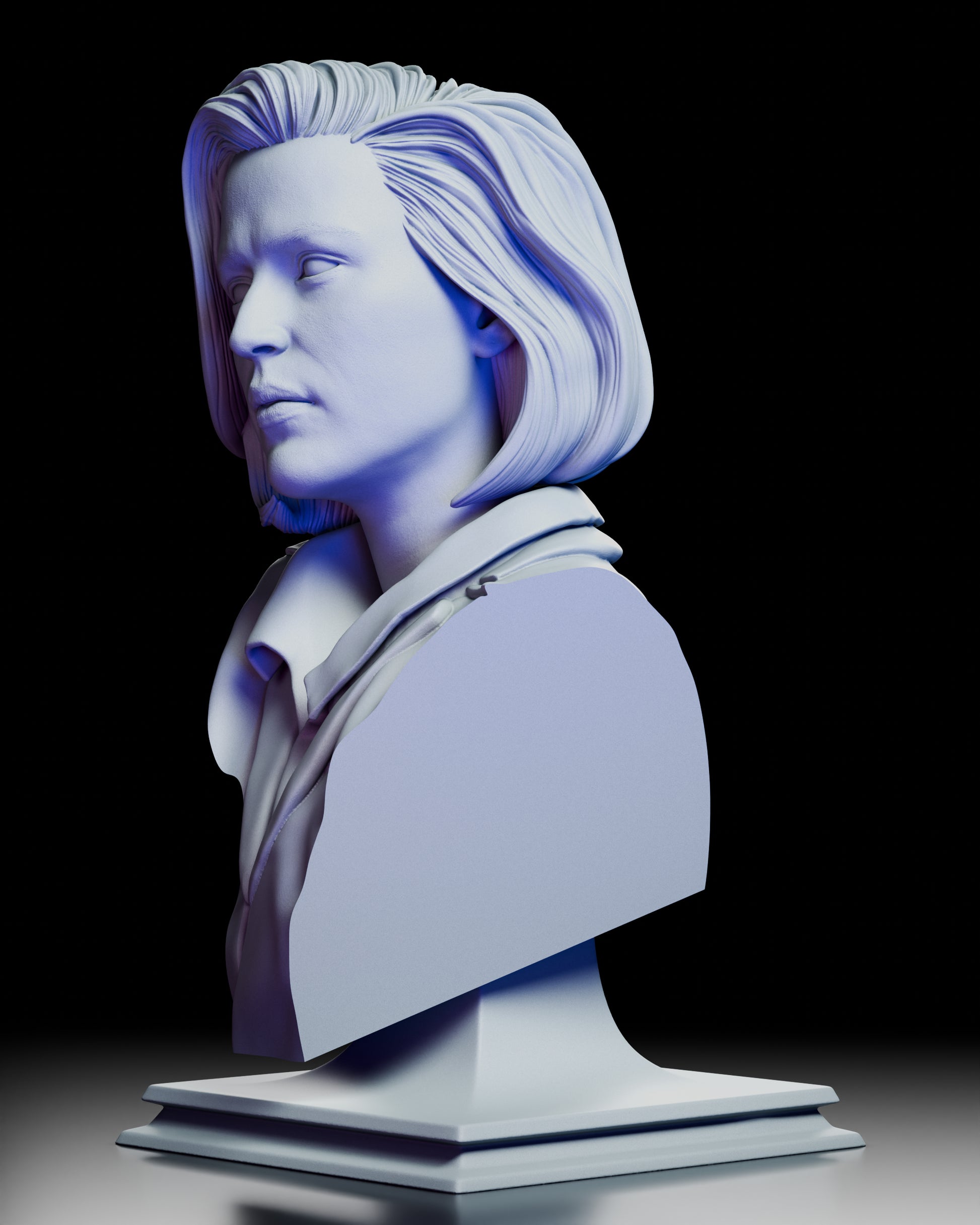 Left angled view highlighting the profile, hair flow, and crisp jacket folds on the Dana Scully bust
