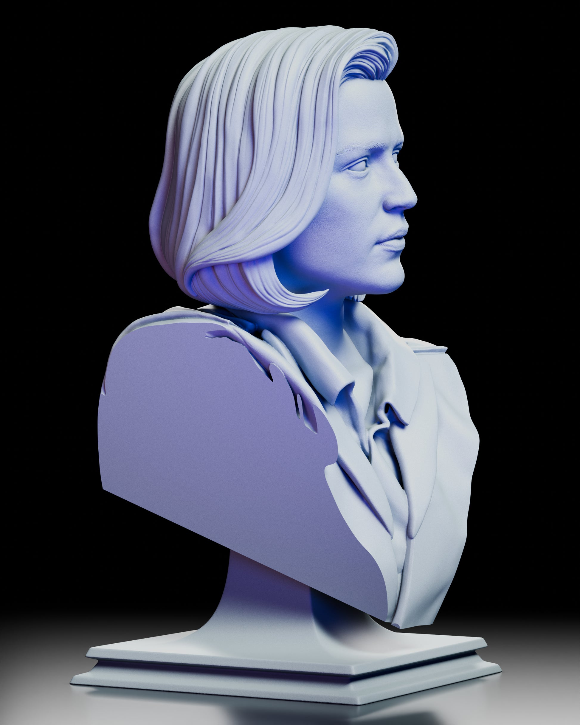 Right profile view emphasizing the nose, jawline, and clean lapel details of the Dana Scully bust