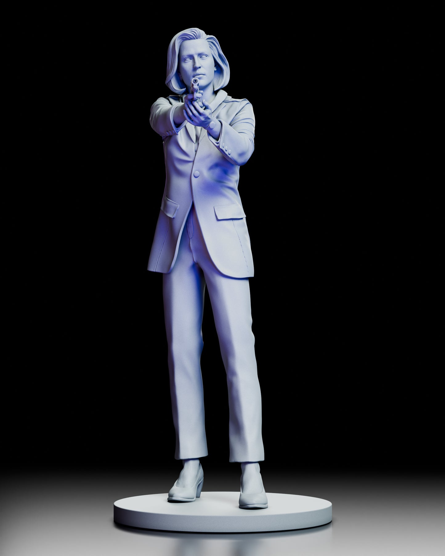 Front view of Dana Scully figure model kit with pistol drawn and focused expression