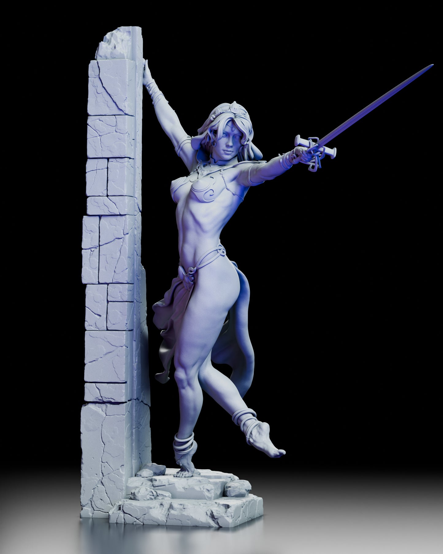 Front view of the Dejah Thoris figure kit by Kuton Figurines showing her poised stance with sword drawn and flowing garments