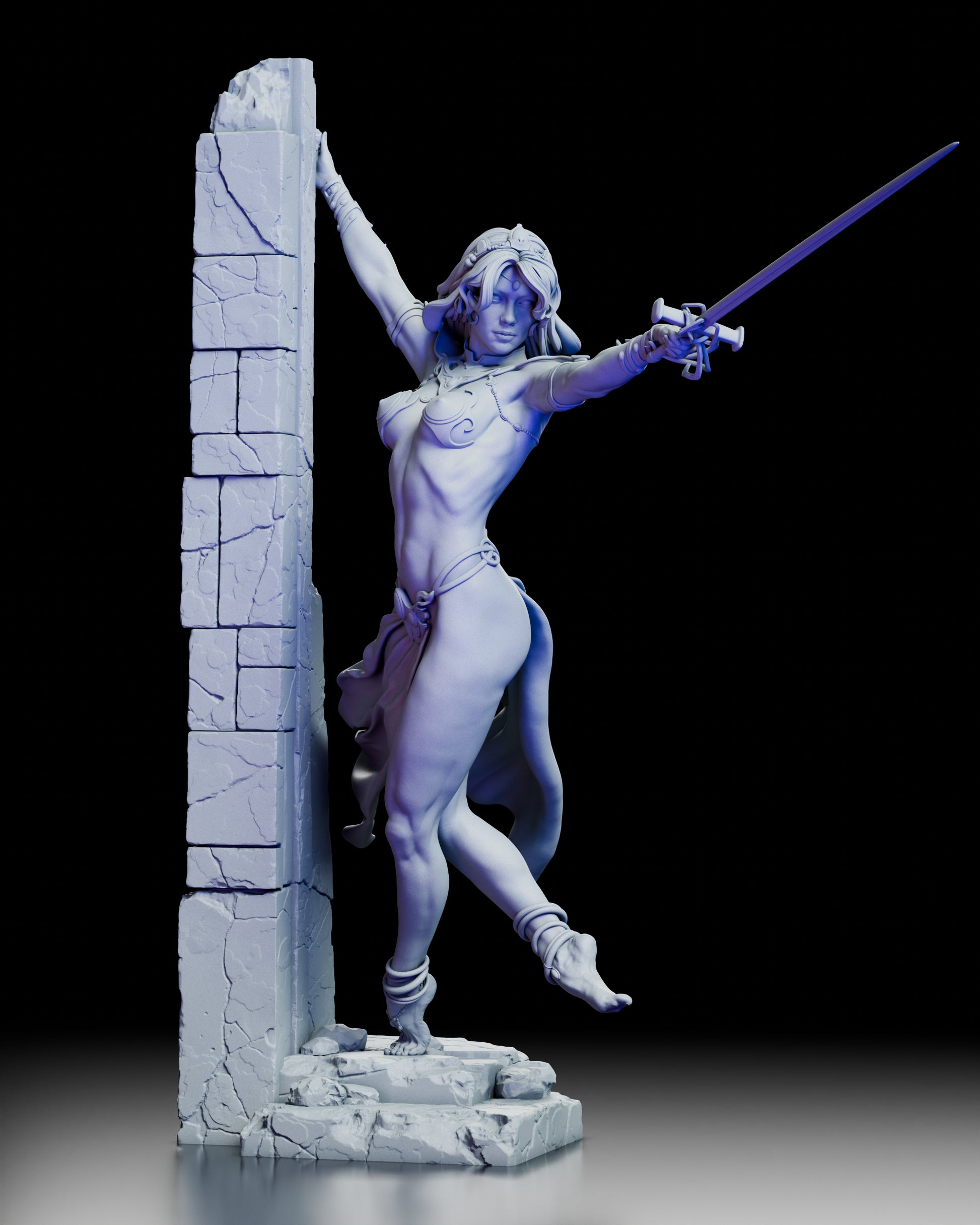 Front view of the Dejah Thoris figure kit by Kuton Figurines showing her poised stance with sword drawn and flowing garments