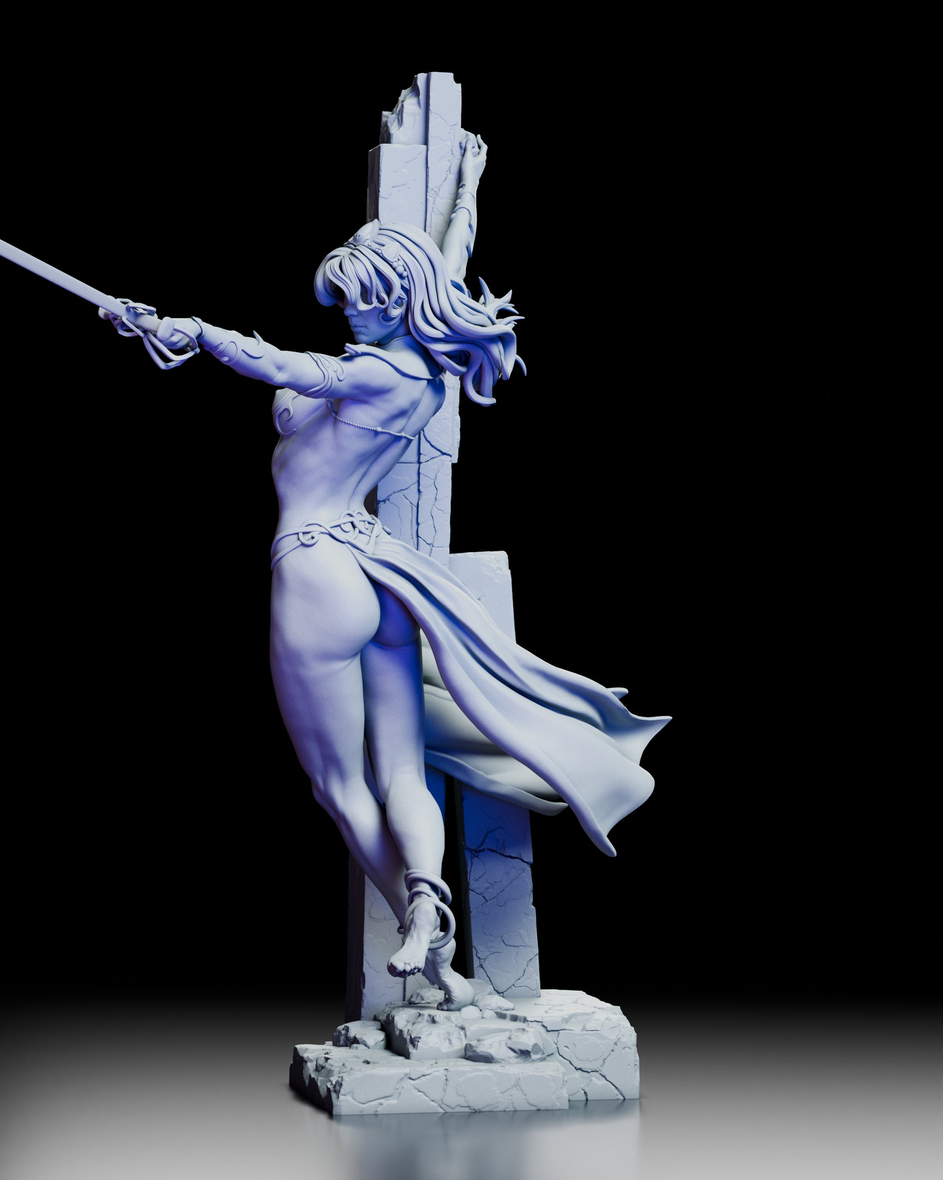 Left side view of the Dejah Thoris figure kit showing detailed musculature, ornate accessories, and dynamic pose