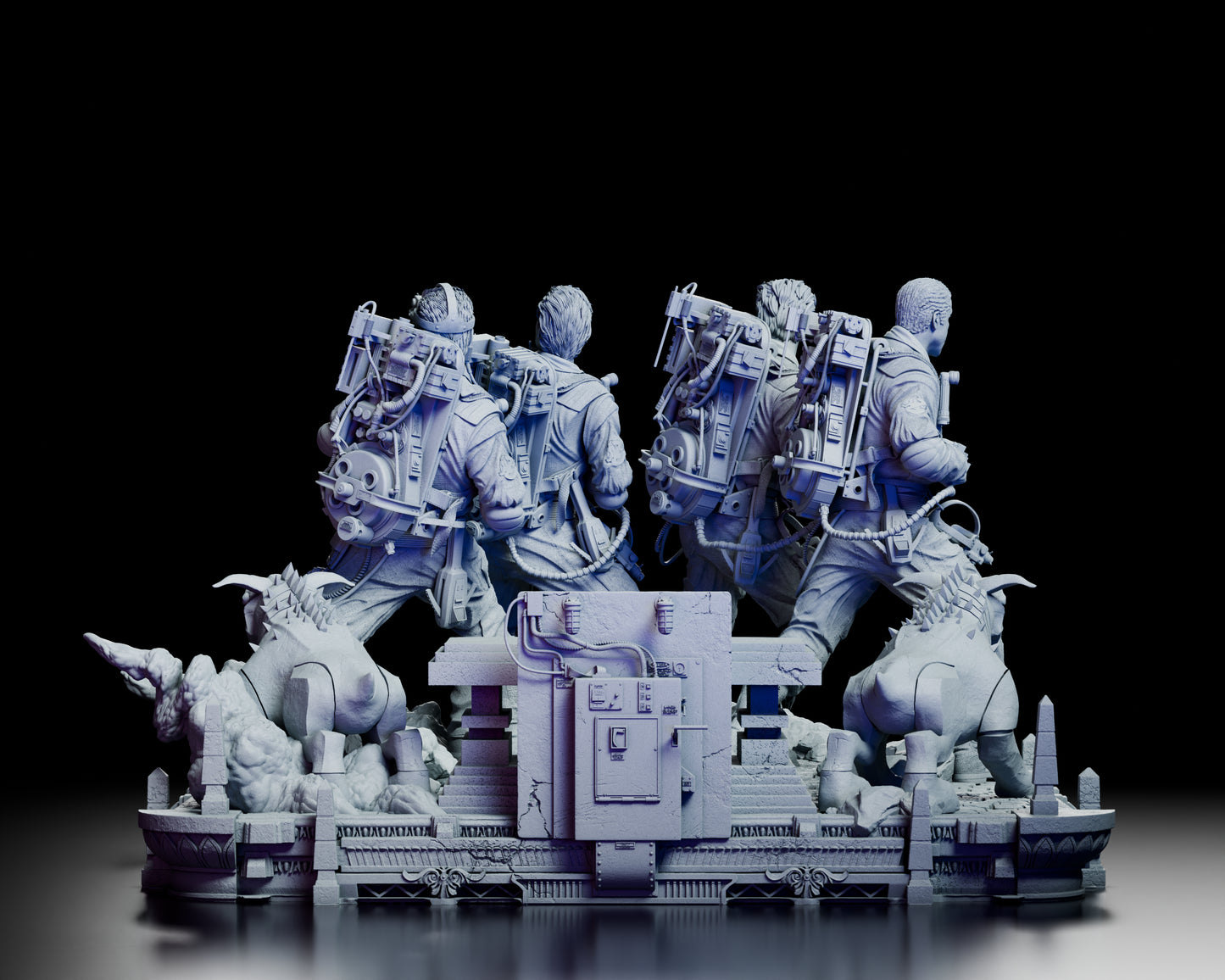 Rear view showing the Ghostbusters’ proton packs and detailed temple structure with dual Terror Dogs