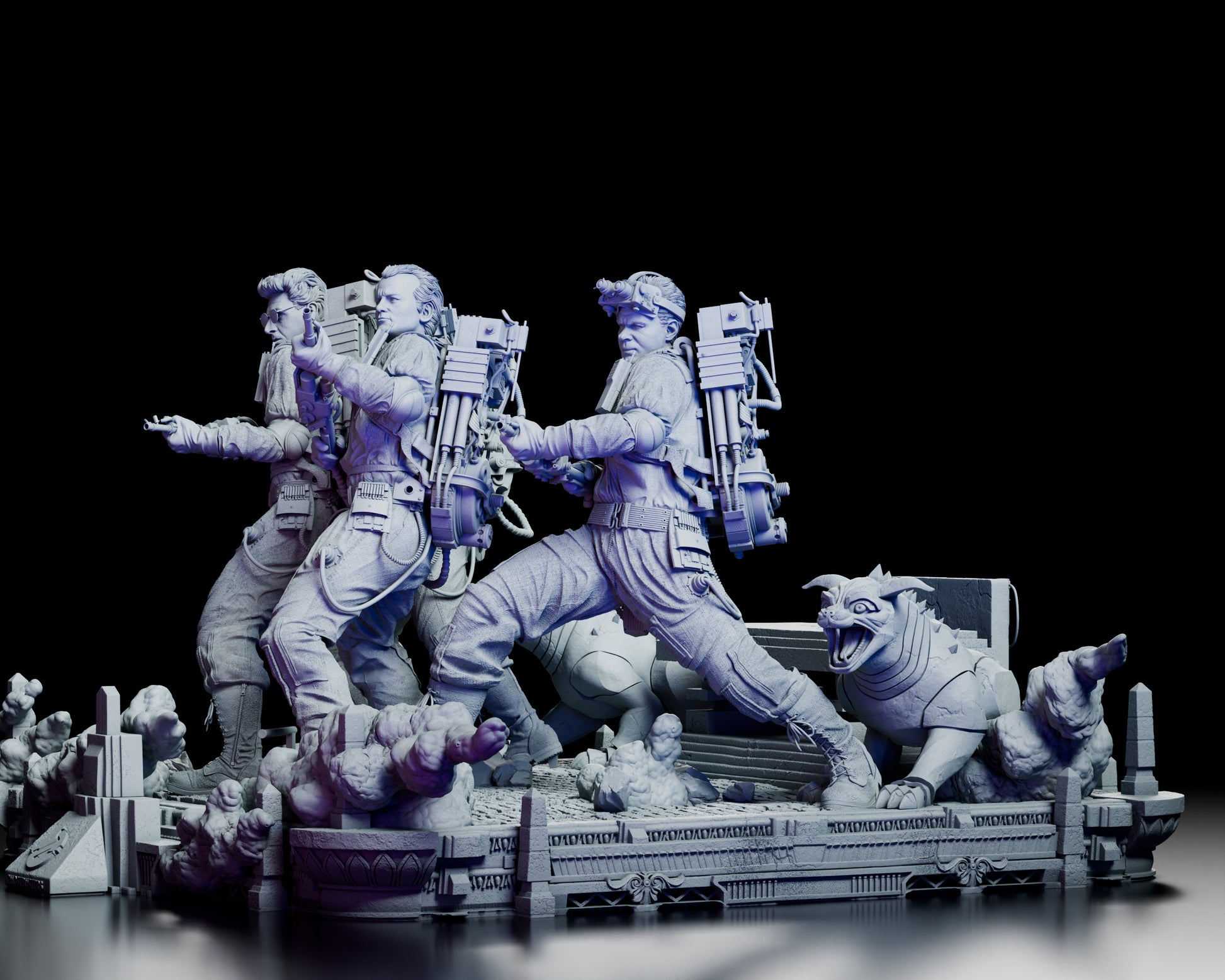 Left side view showing the Ghostbusters in action with detailed temple and Terror Dog sculpt
