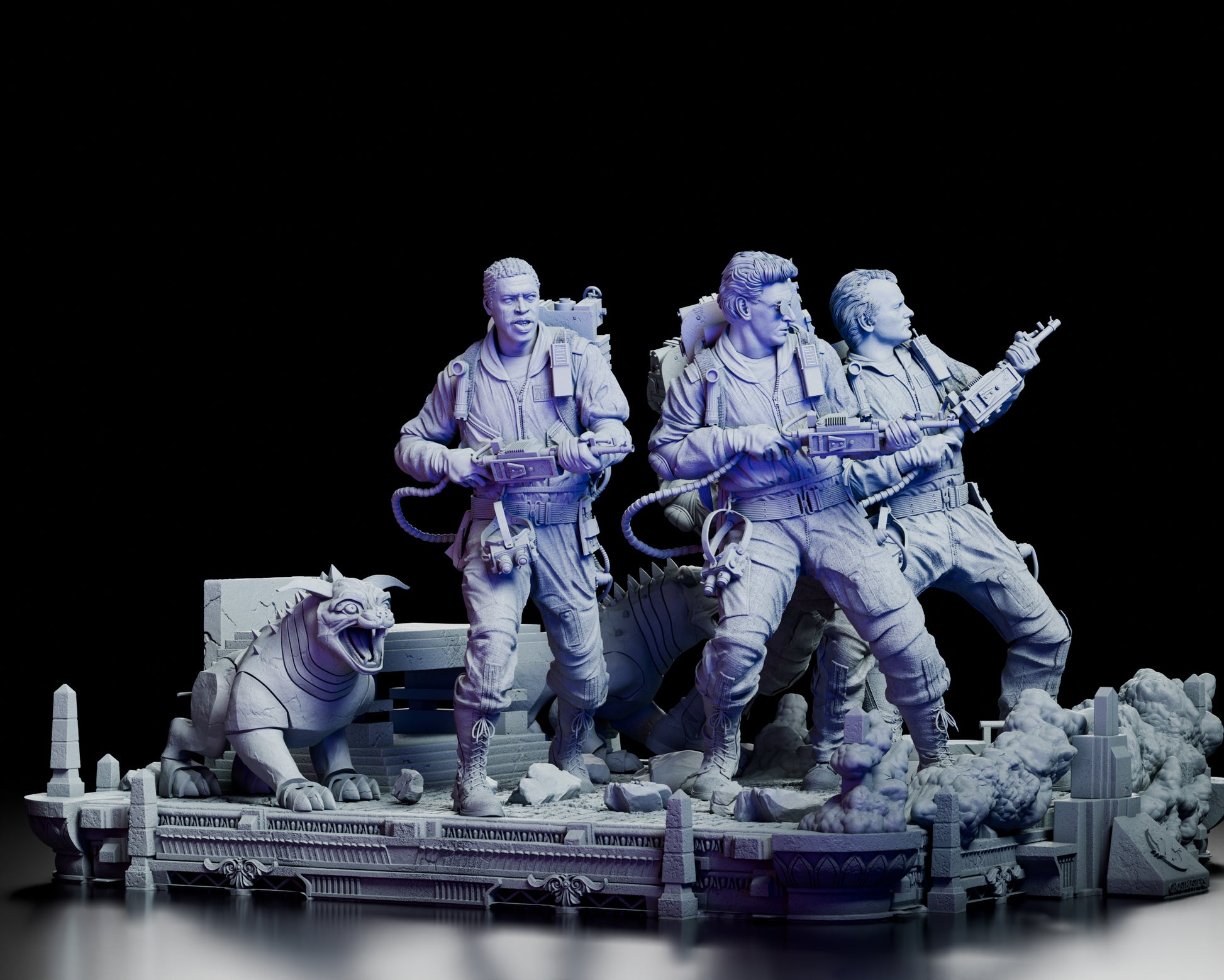 Right side view highlighting dynamic team poses, proton packs, and swirling smoke details