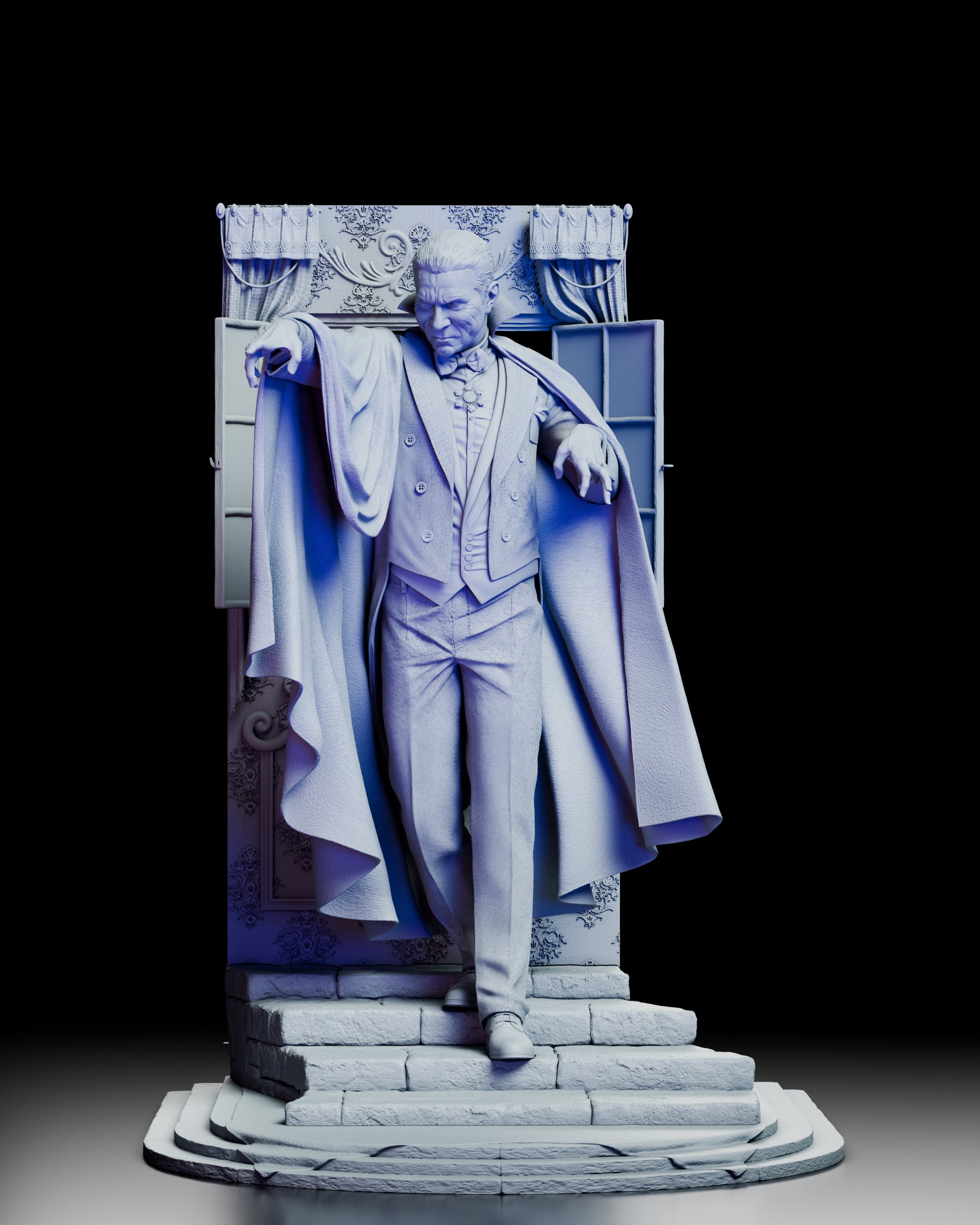 Front view of Dracula emerging from a castle window in a gothic resin display sculpture