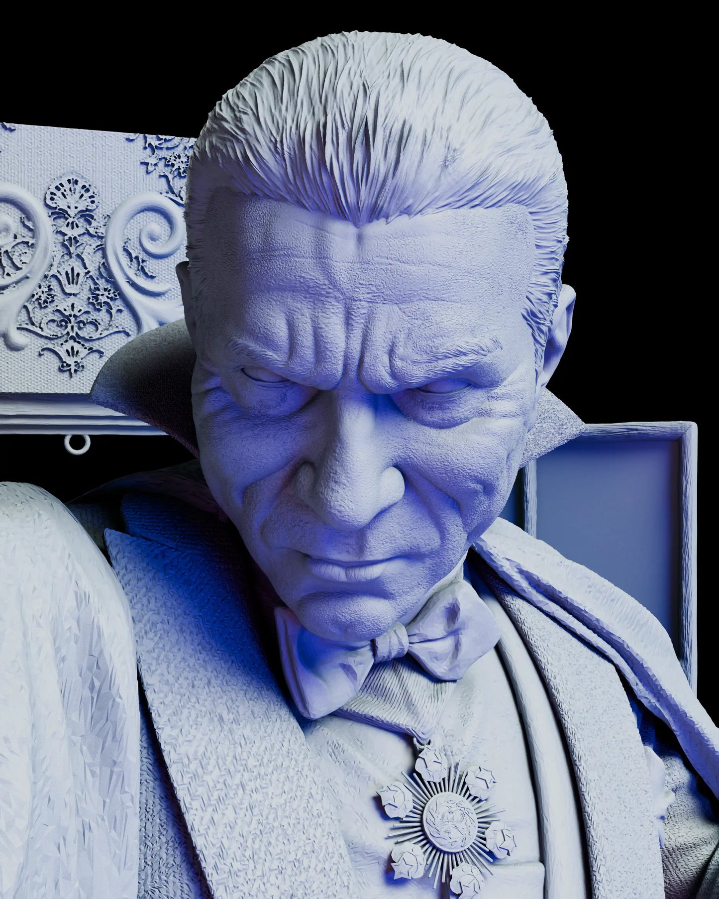 Close up portrait of Dracula vampire sculpture featuring stern expression and detailed gothic attire