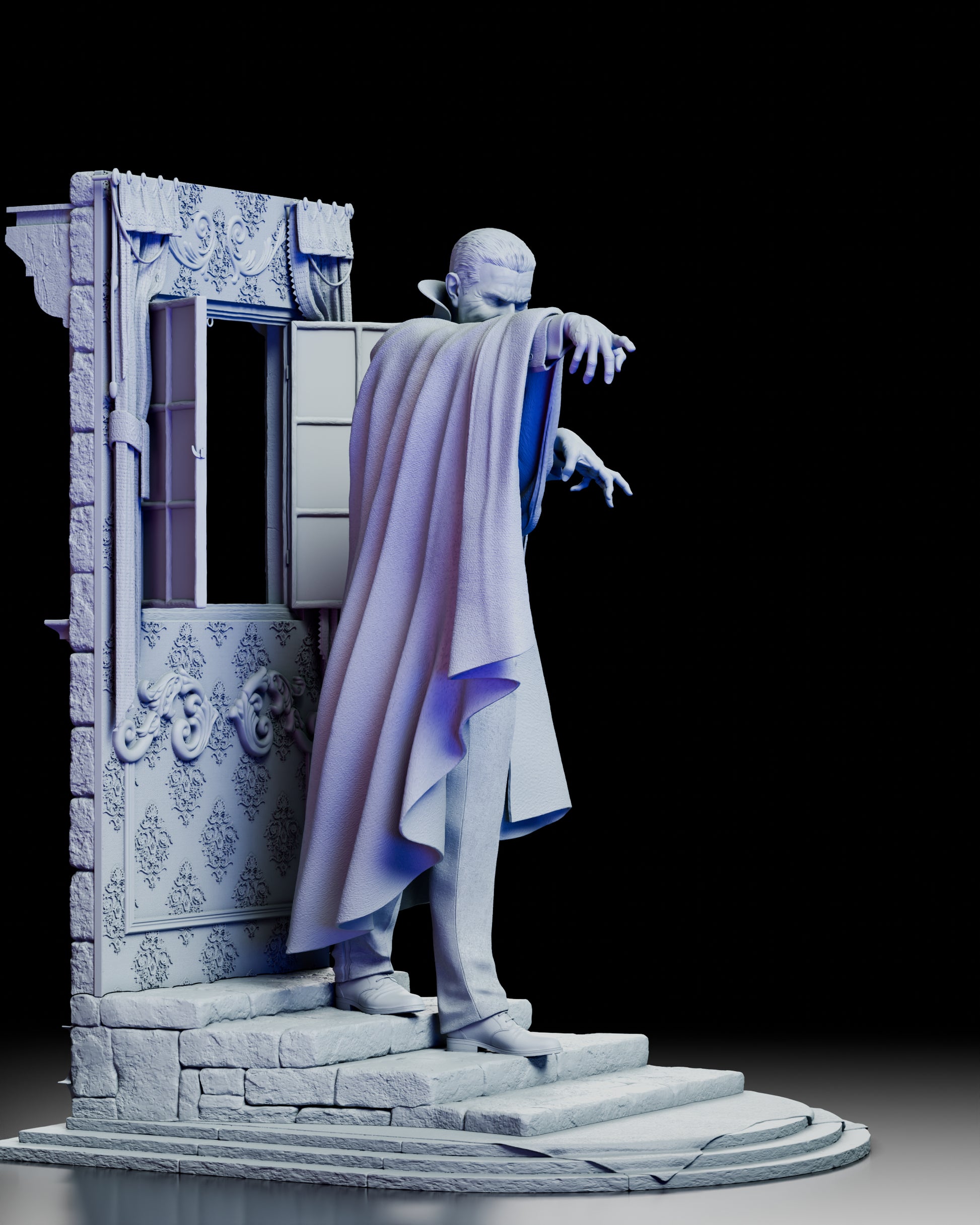 Right side view of Dracula gothic sculpture featuring ornate window frame and interior backdrop