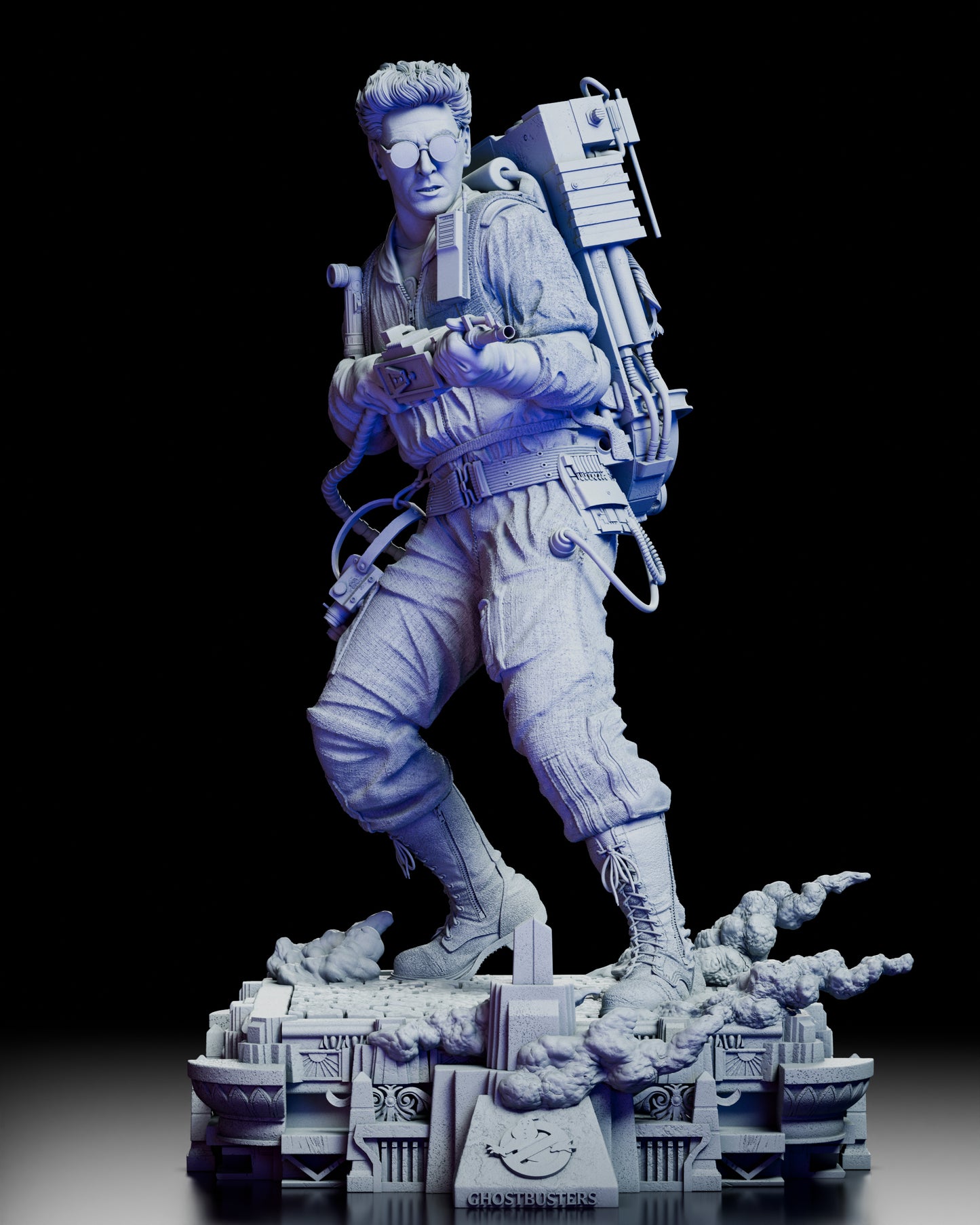 Front view of Egon Spengler figure kit holding his proton blaster on the temple base