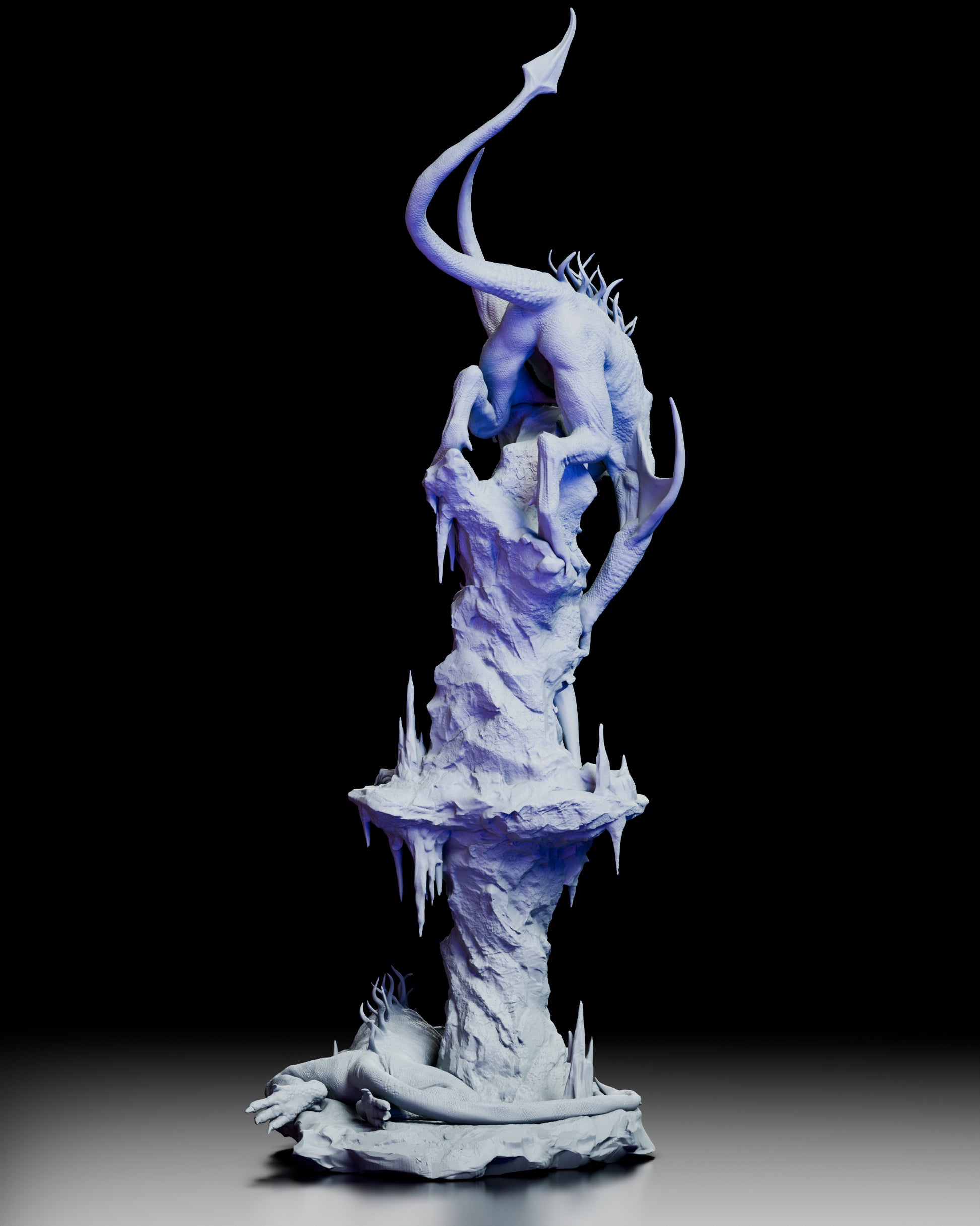 Rear view of the Elegy of the Wyrm figure model kit showcasing the dragon perched atop the jagged spire base