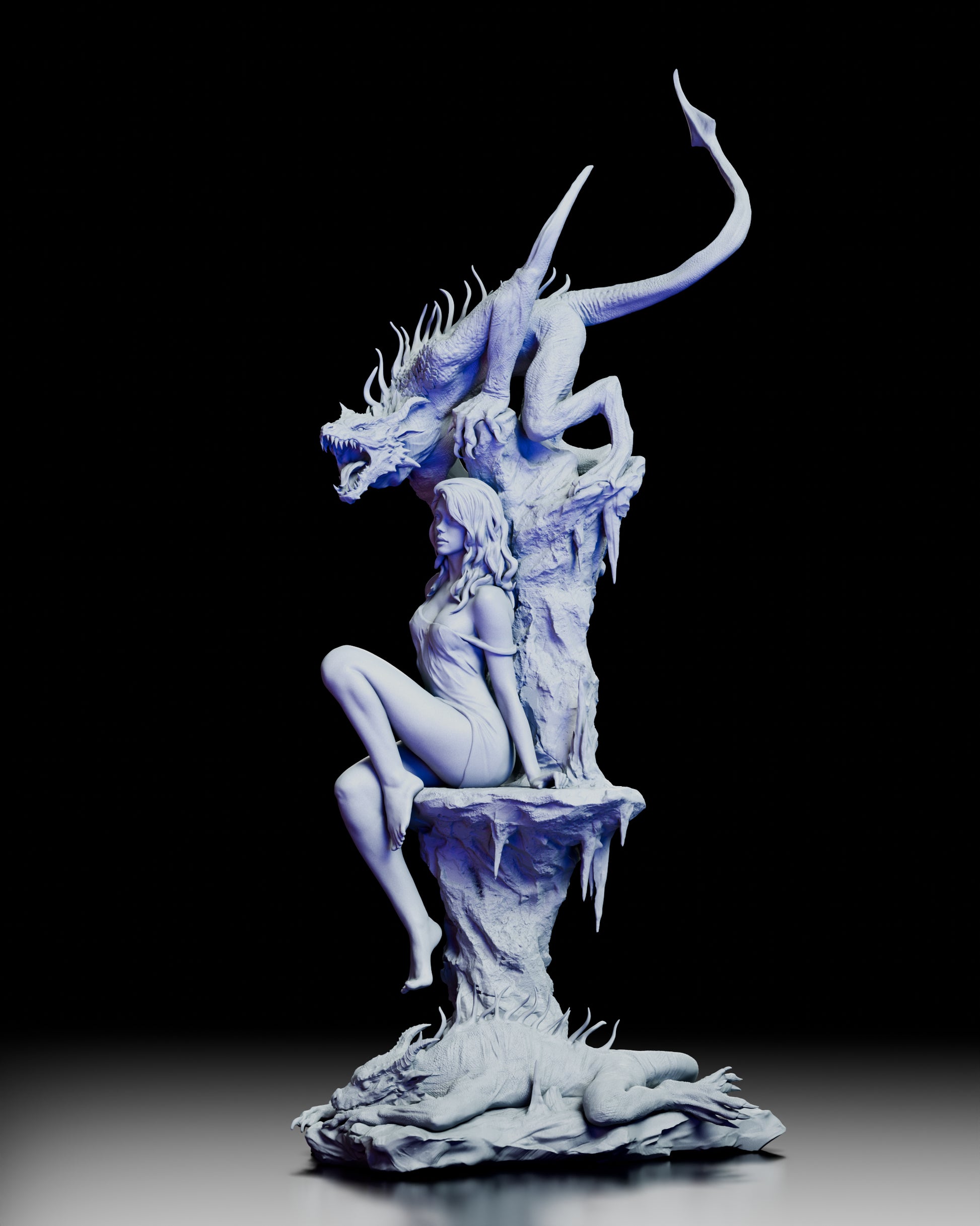 Left profile view highlighting the vertical composition of dragon, spire, and resting figure