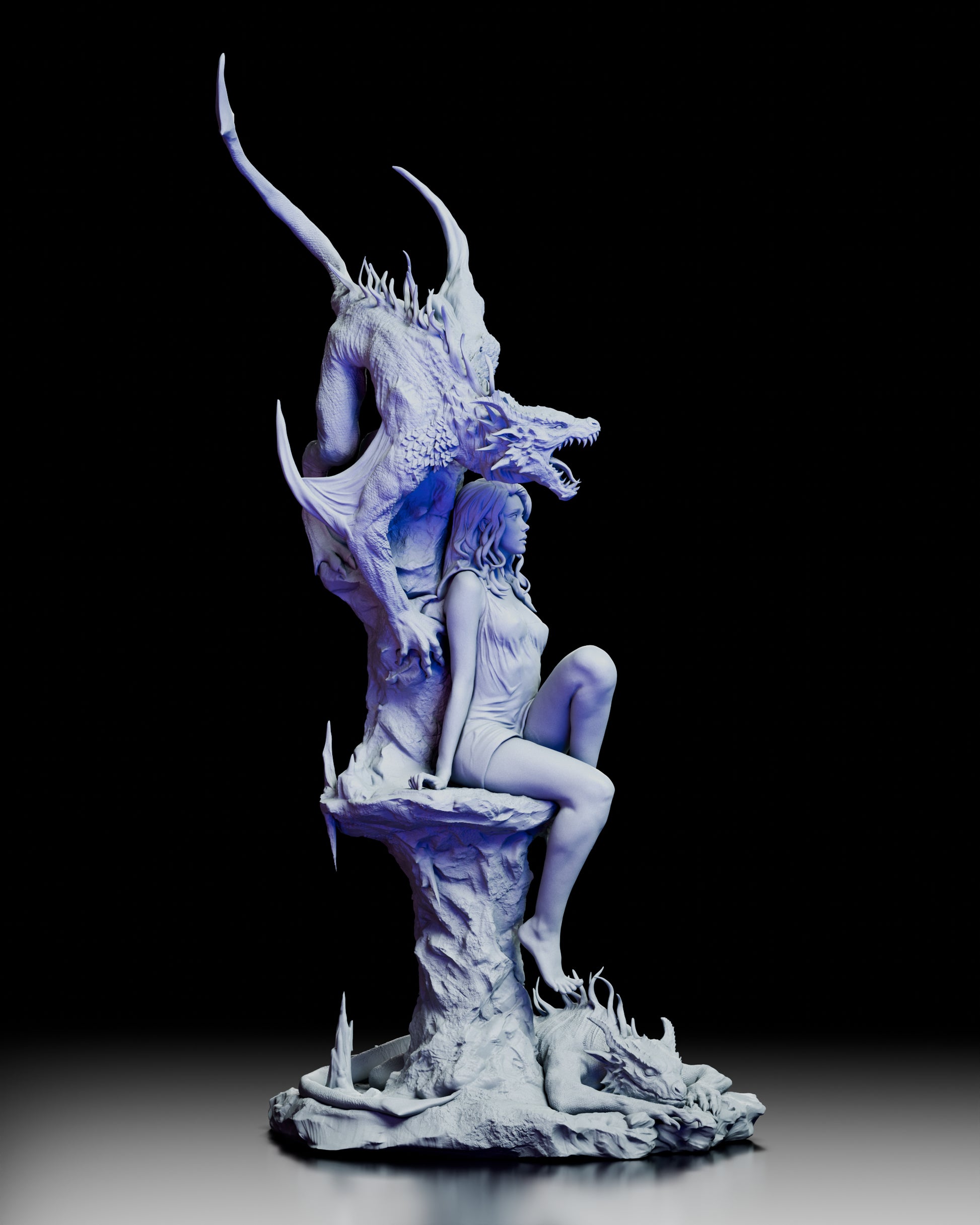 Right profile view showcasing the dragon’s wing structure and the layered rock formation base