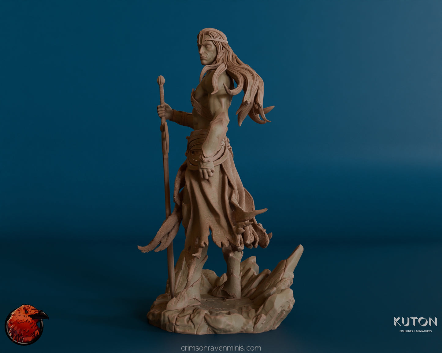 A side view of the Elf warrior figure, showing the figure’s lean and muscular build, holding a sword vertically beside him. The swirling cloak and the rocky terrain at his feet are well-defined, adding to the sense of motion in the piece.