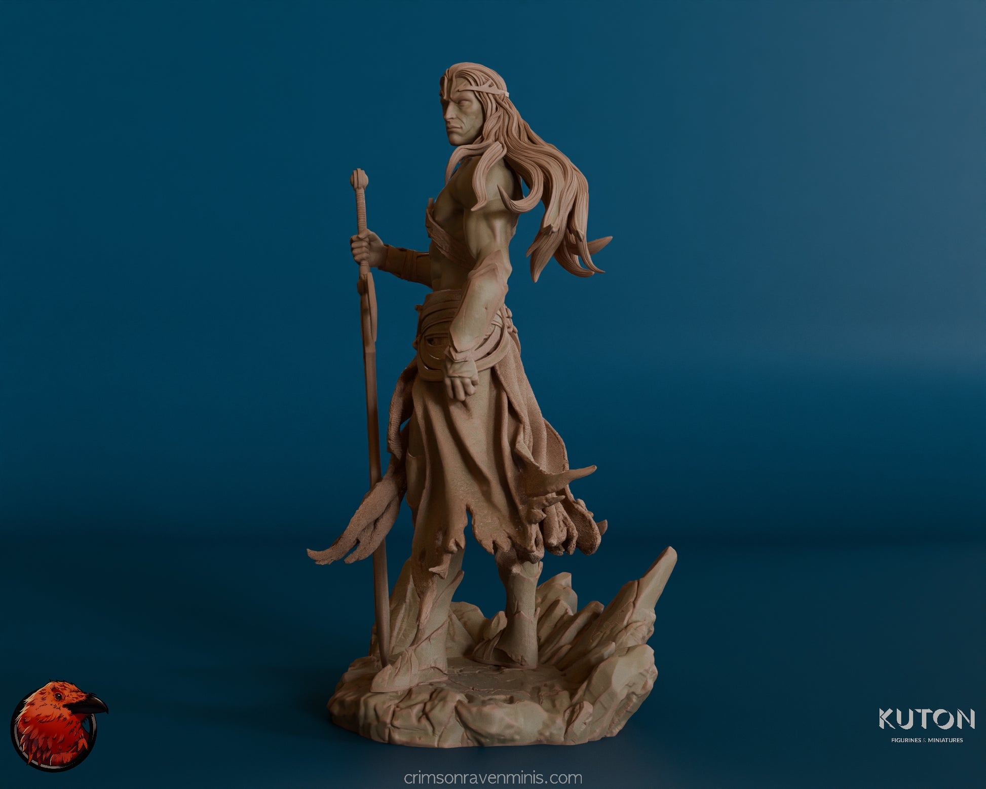 A side view of the Elf warrior figure, showing the figure’s lean and muscular build, holding a sword vertically beside him. The swirling cloak and the rocky terrain at his feet are well-defined, adding to the sense of motion in the piece.