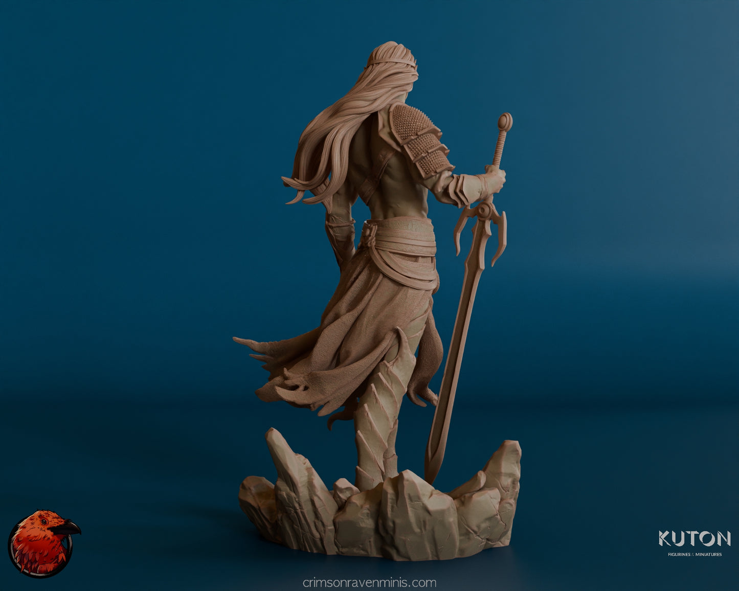 A back-side view of the Elf warrior figure, emphasizing the flowing movement of the cloak and hair. The detailed hilt of the sword and the texture of the figure’s armor are visible, along with the rocky terrain of the base.