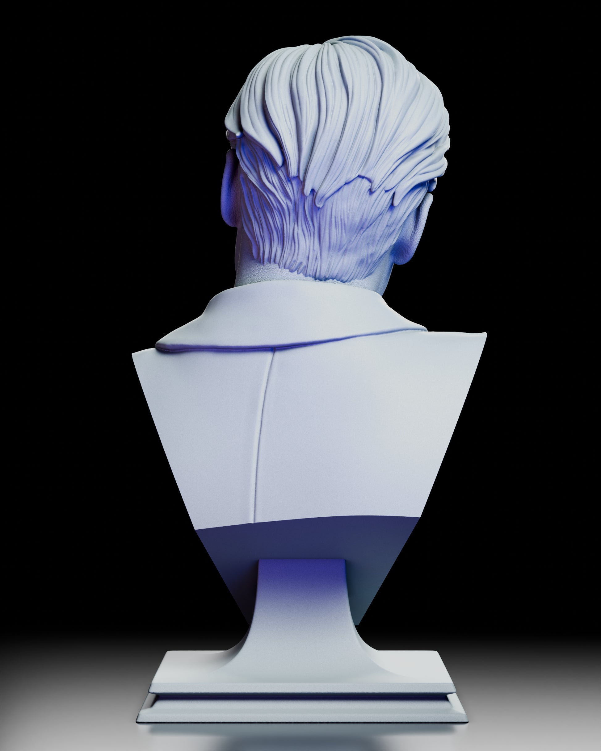 Rear view of the Fox Mulder bust displaying layered hair strands, collar seam, and stepped pedestal base