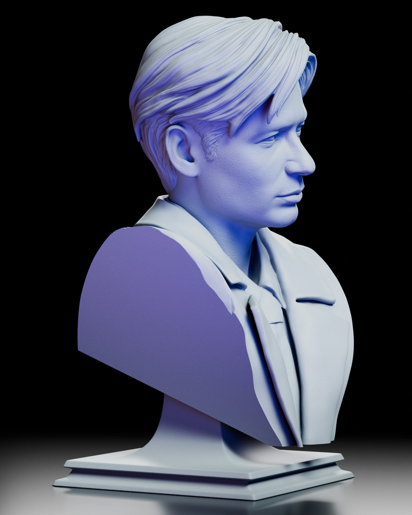 Right profile view emphasizing the sculpted nose, jawline, and crisp jacket edges of the Fox Mulder bust