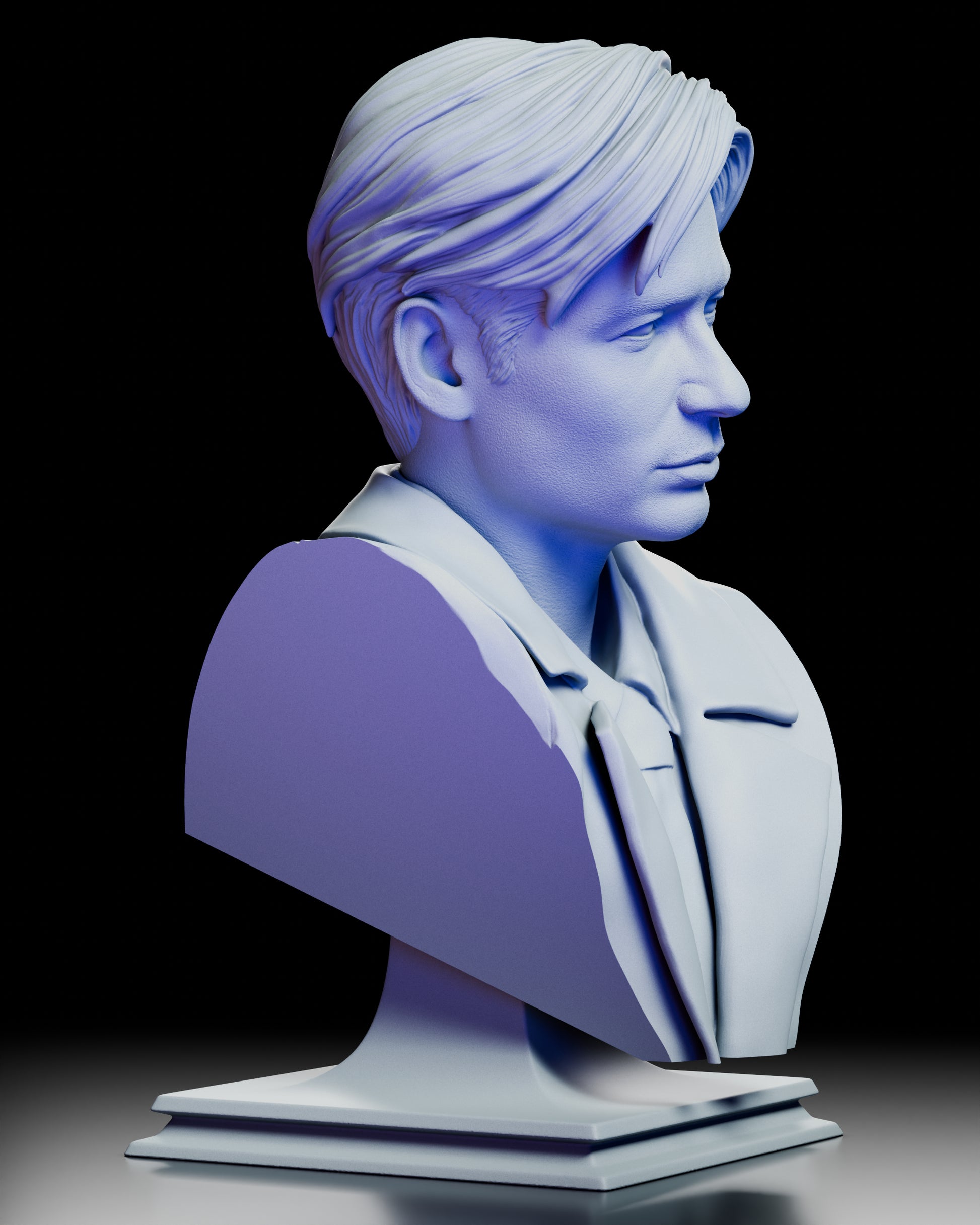 Right profile view emphasizing the sculpted nose, jawline, and crisp jacket edges of the Fox Mulder bust