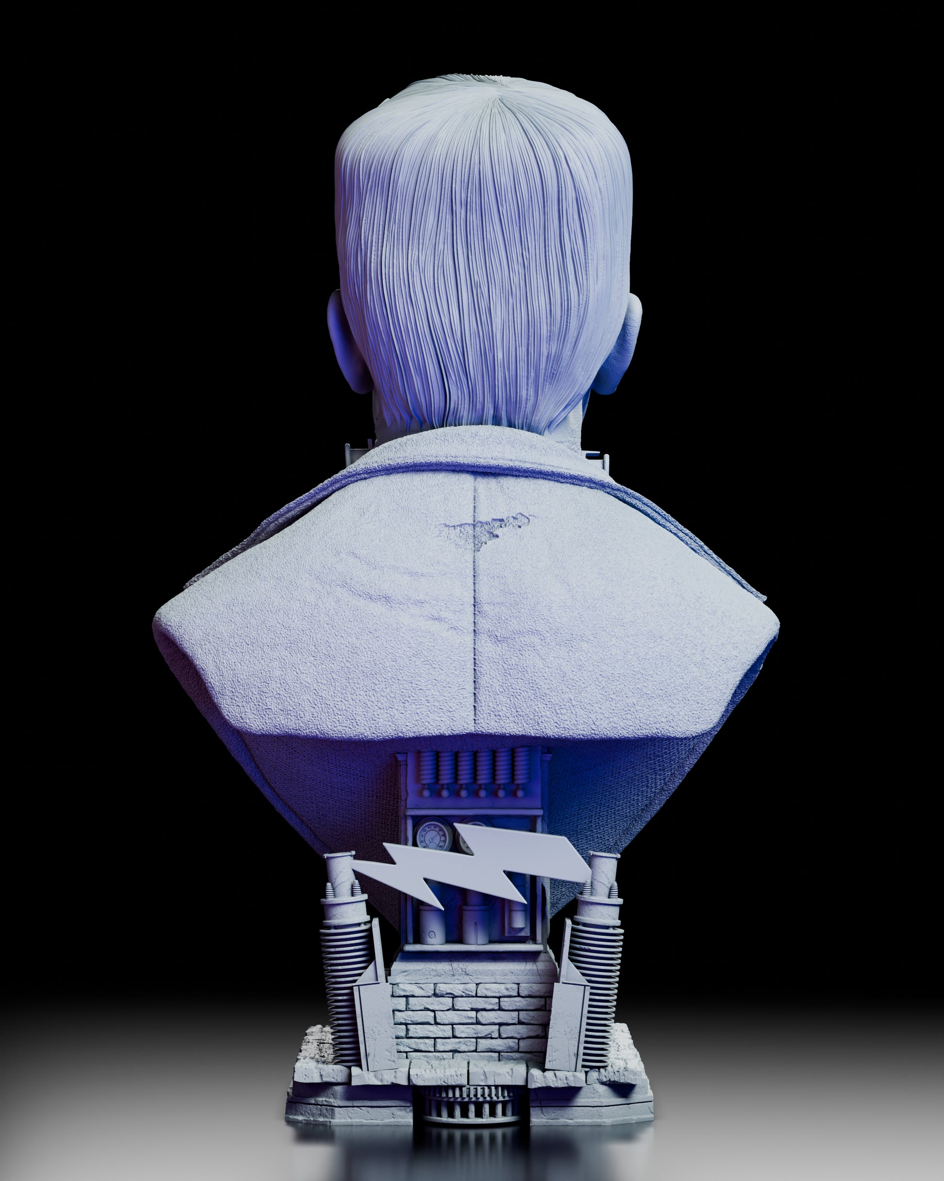 Rear view of the Frankenstein Portrait Bust, showing the structured back of the collar and the intricate design on the base.